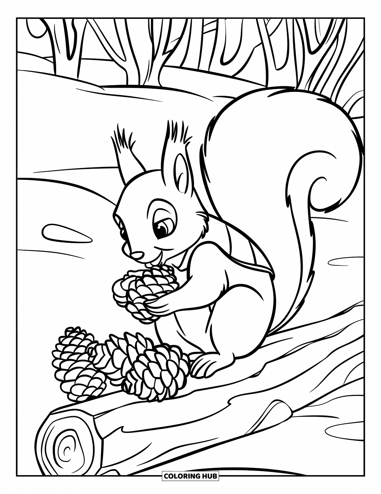 Winter Animal Coloring Page for Kids: Squirrel in a vest sits on a log collecting pinecones in a snowy forest