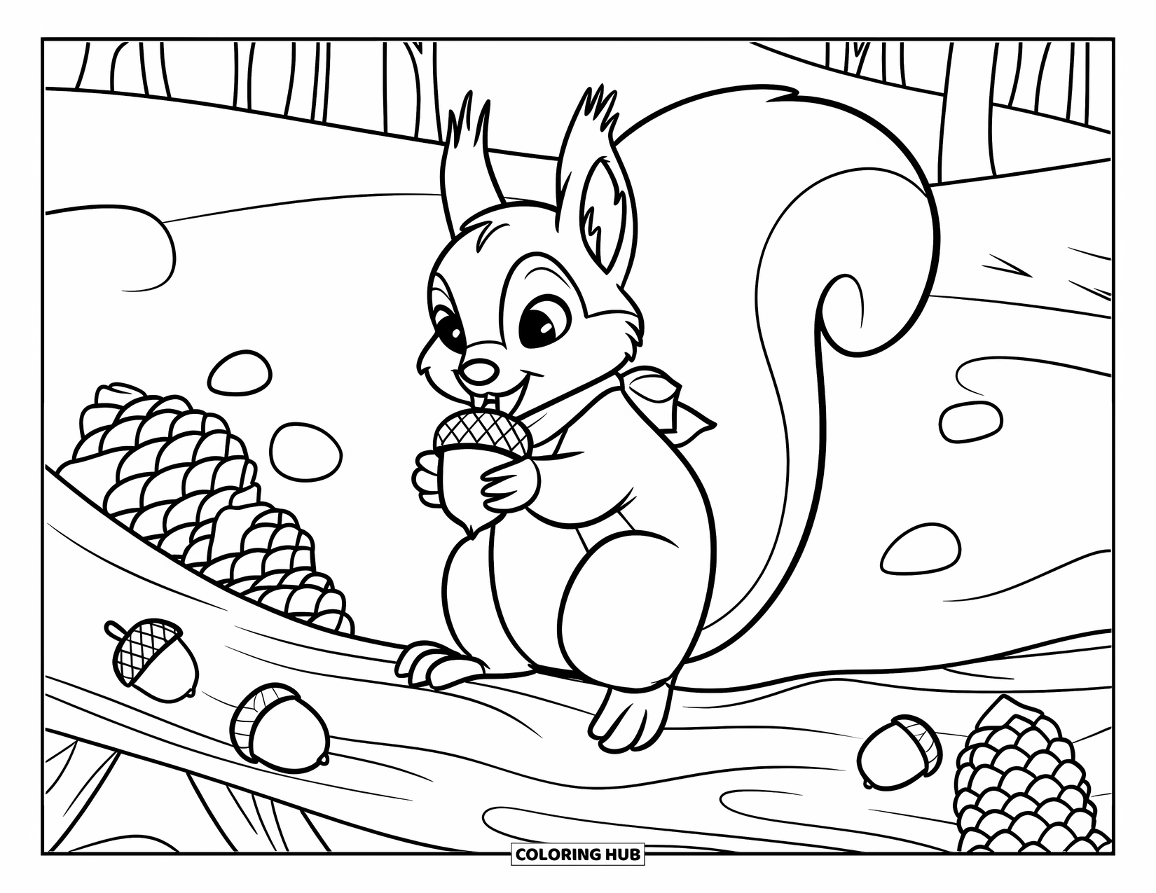 Winter Animal Coloring Page for Kids: Squirrel in scarf sits on a log surrounded by acorns and snow