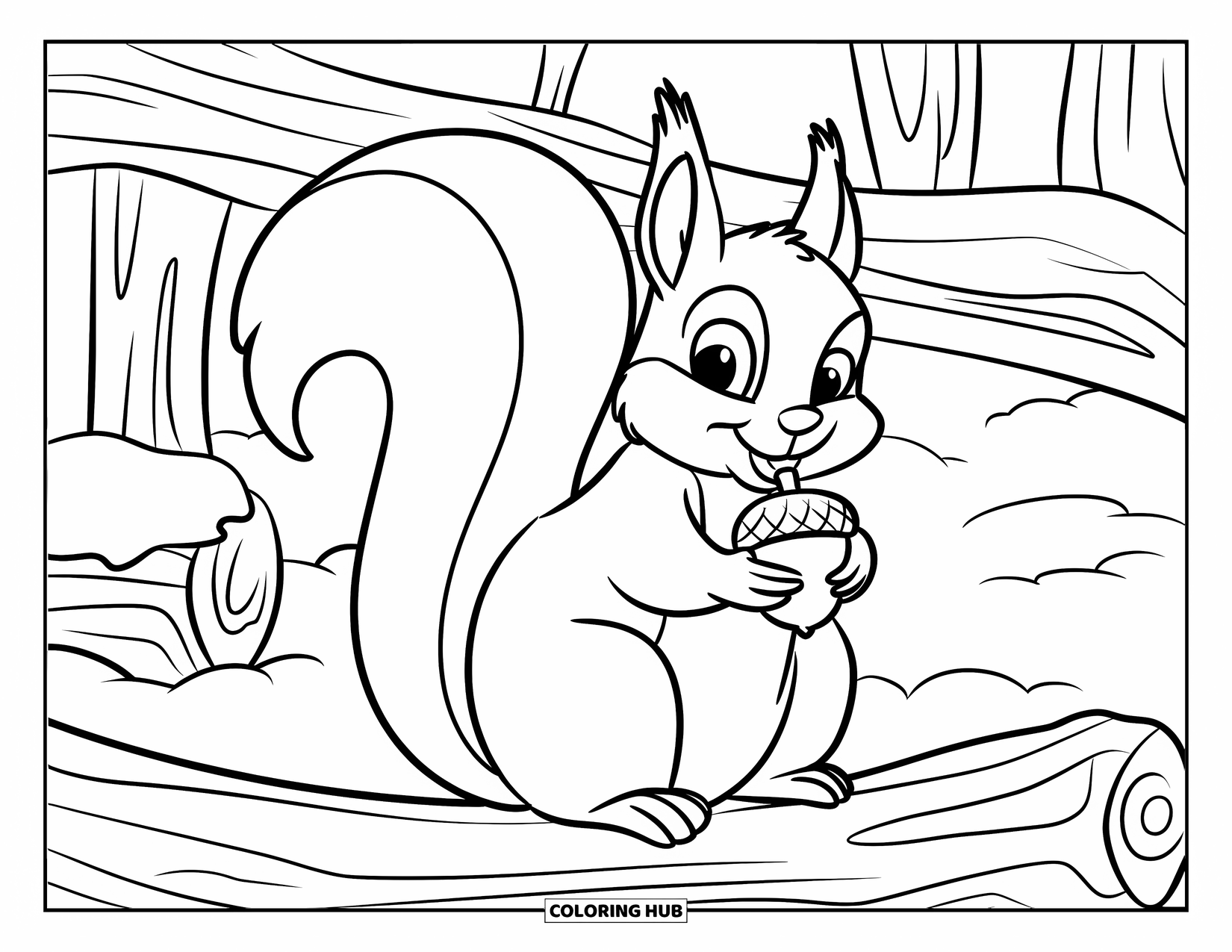 Winter Animal Coloring Page for Kids: Squirrel on log holds an acorn in the snowy woods