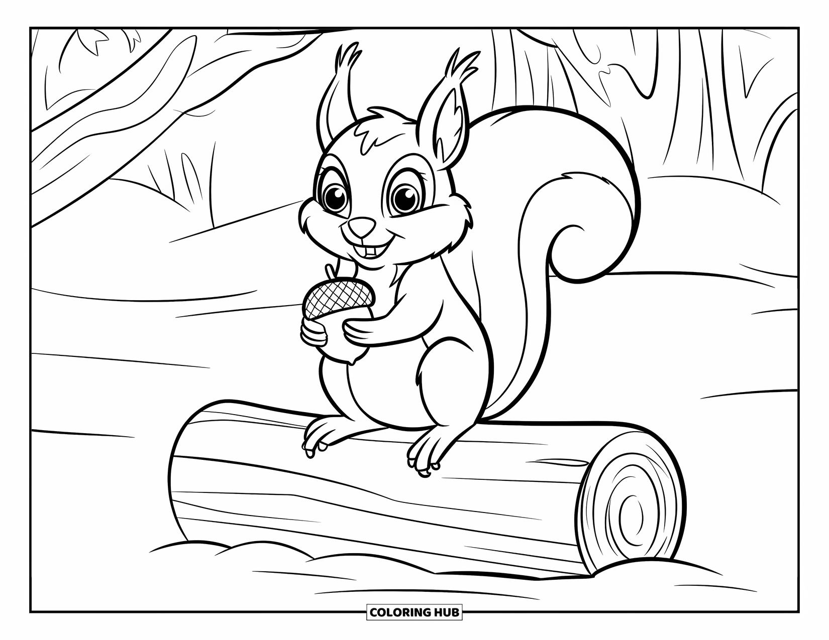 Winter Animal Coloring Page for Kids: Squirrel with big eyes holds an acorn while sitting on a snowy log