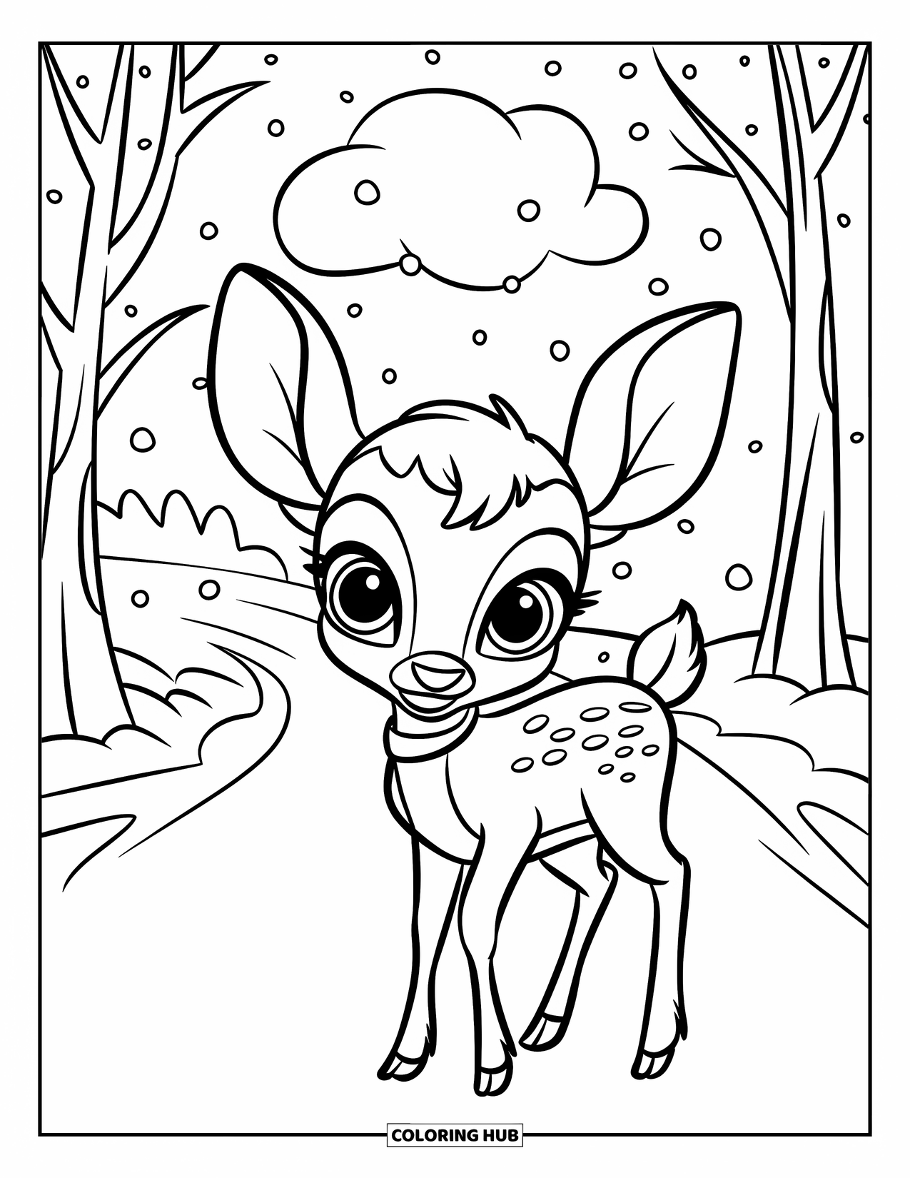 Winter Animal Coloring Page for Kids: Wide-eyed baby deer with collar stands on snowy path lined with trees