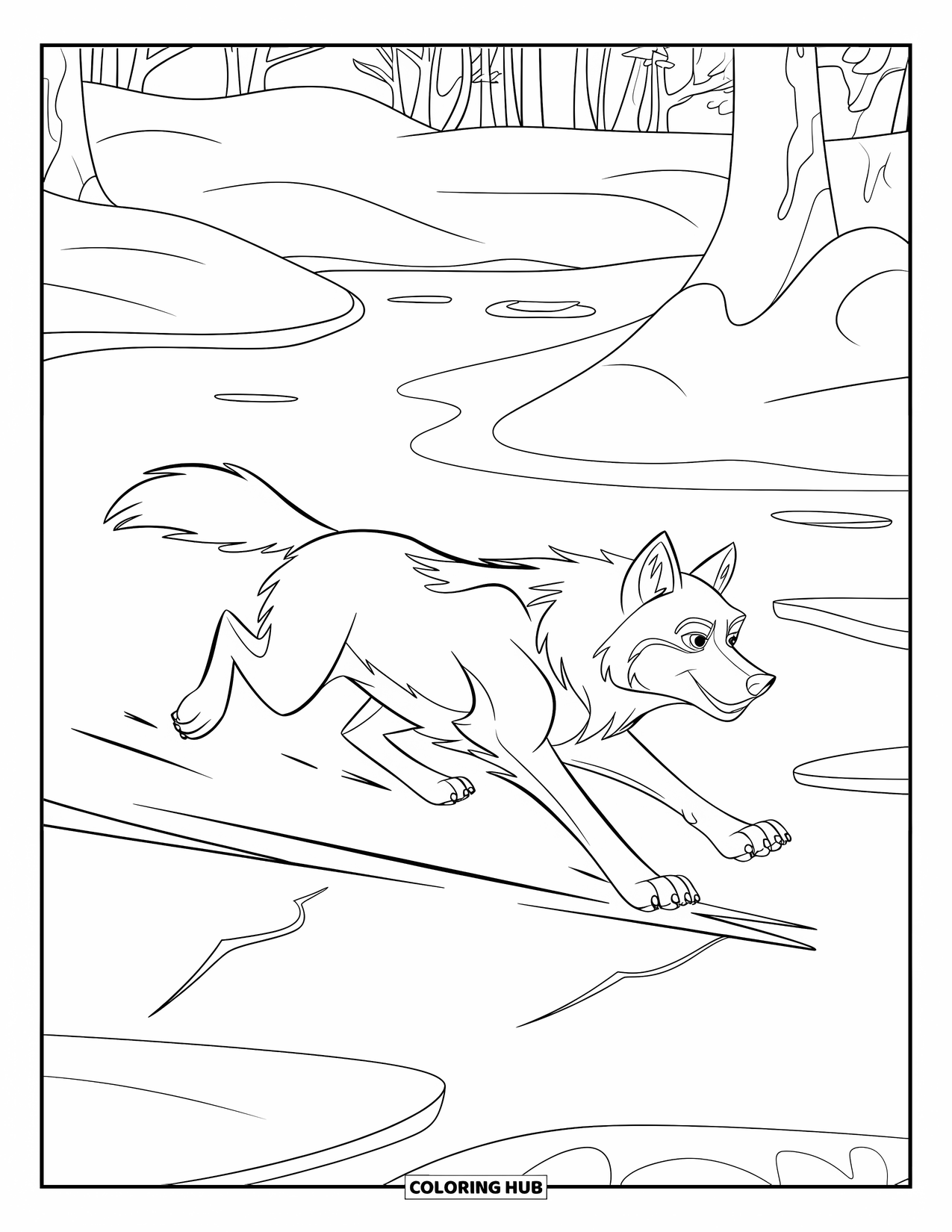 Winter Animal Coloring Page for Kids: Wolf leaps across icy lake surrounded by snow and bare trees