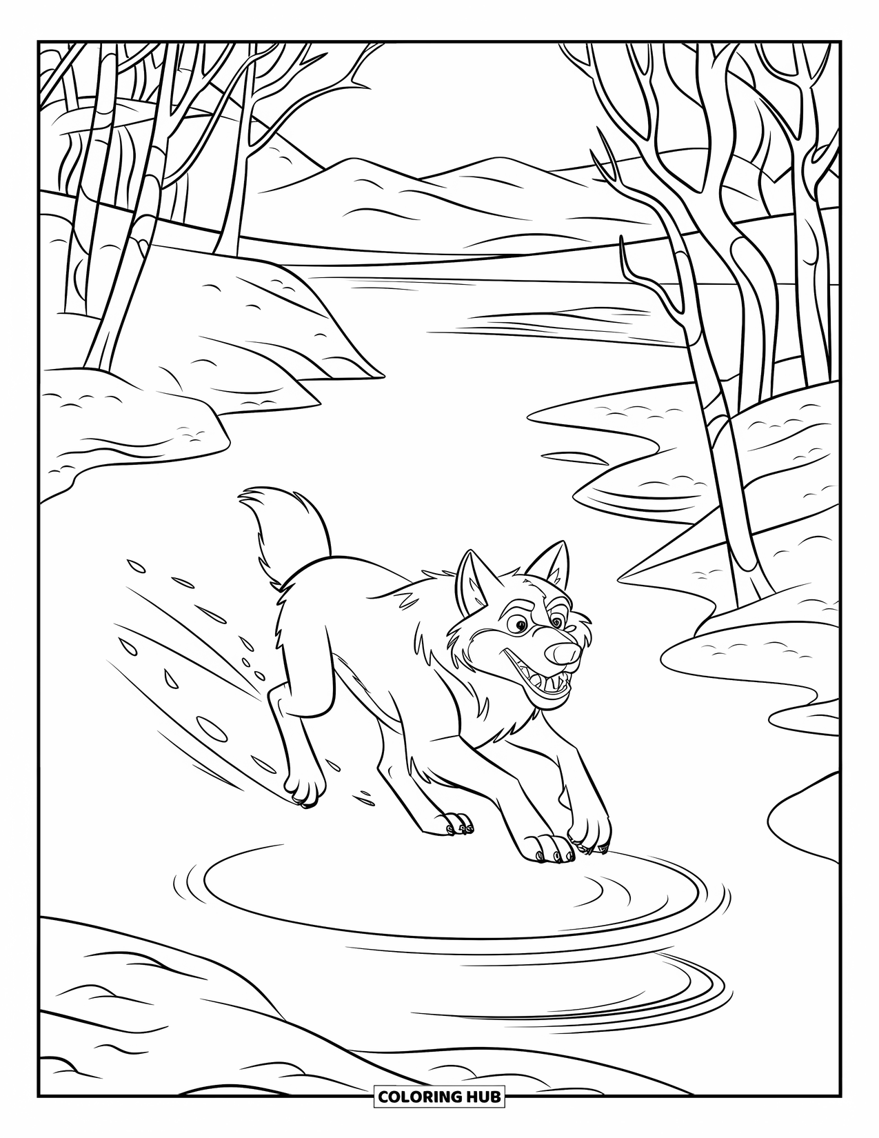 Winter Animal Coloring Page for Kids: Wolf sprints across snowy lake with trees and mountains in the distance