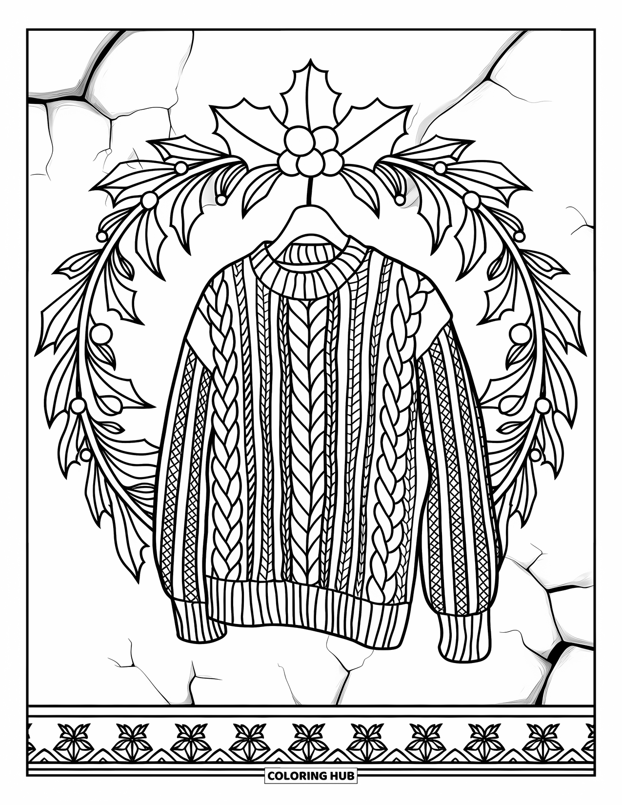 Winter Clothes Coloring Page for Adults: A cable-knit sweater rests on a stand inside a holly mandala border