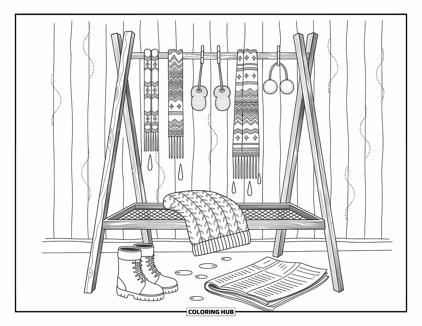 Winter Clothes Coloring Page for Adults: A cheerful rack of scarves, mittens, and earmuffs dries after a snowy day