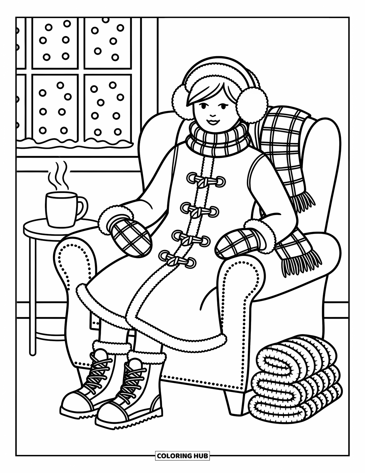 Winter Clothes Coloring Page for Adults: A coat, scarf, and mittens rest on a chair in front of a snowy window