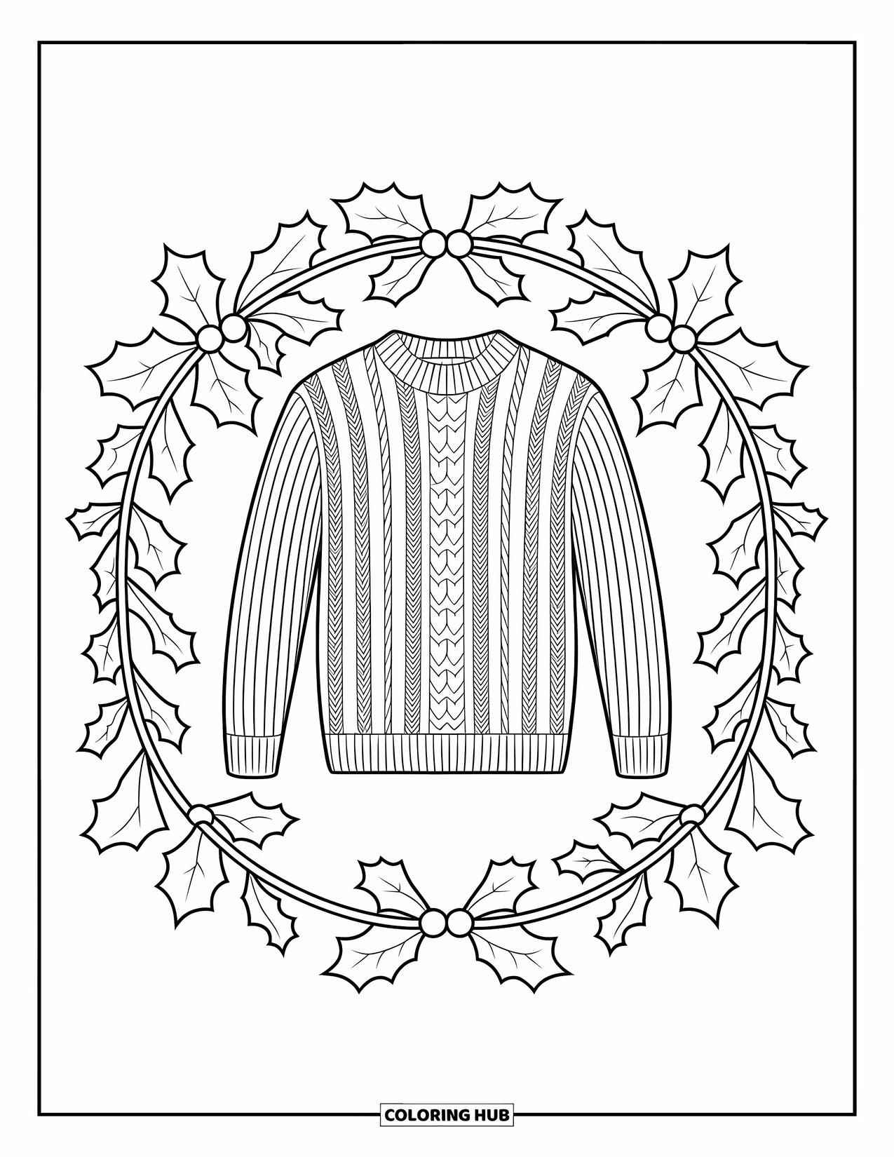 Winter Clothes Coloring Page for Adults: A cozy cable-knit sweater rests inside a holly and leaf mandala frame