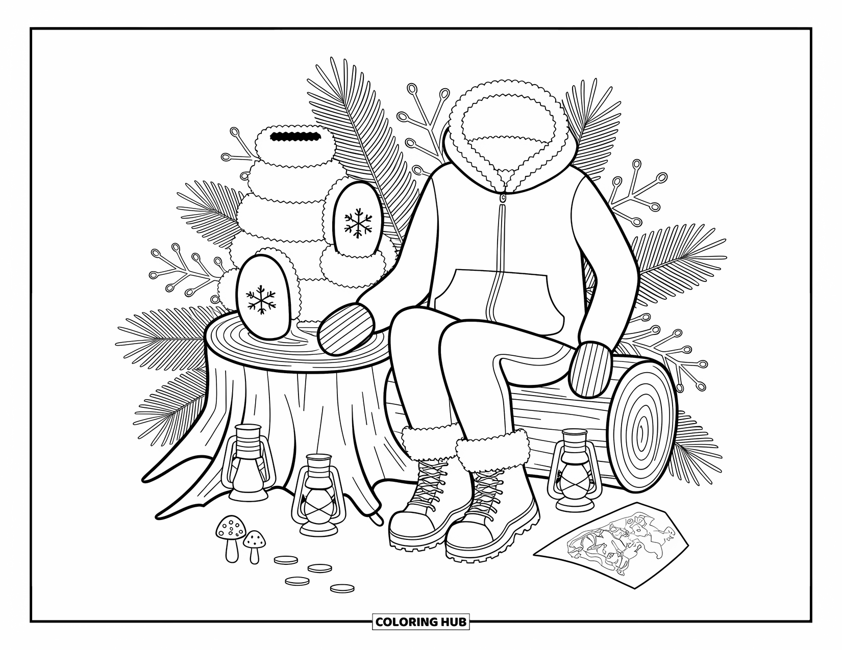 Winter Clothes Coloring Page for Adults: A cozy outfit rests on a log with boots, mittens, and a glowing lantern nearby