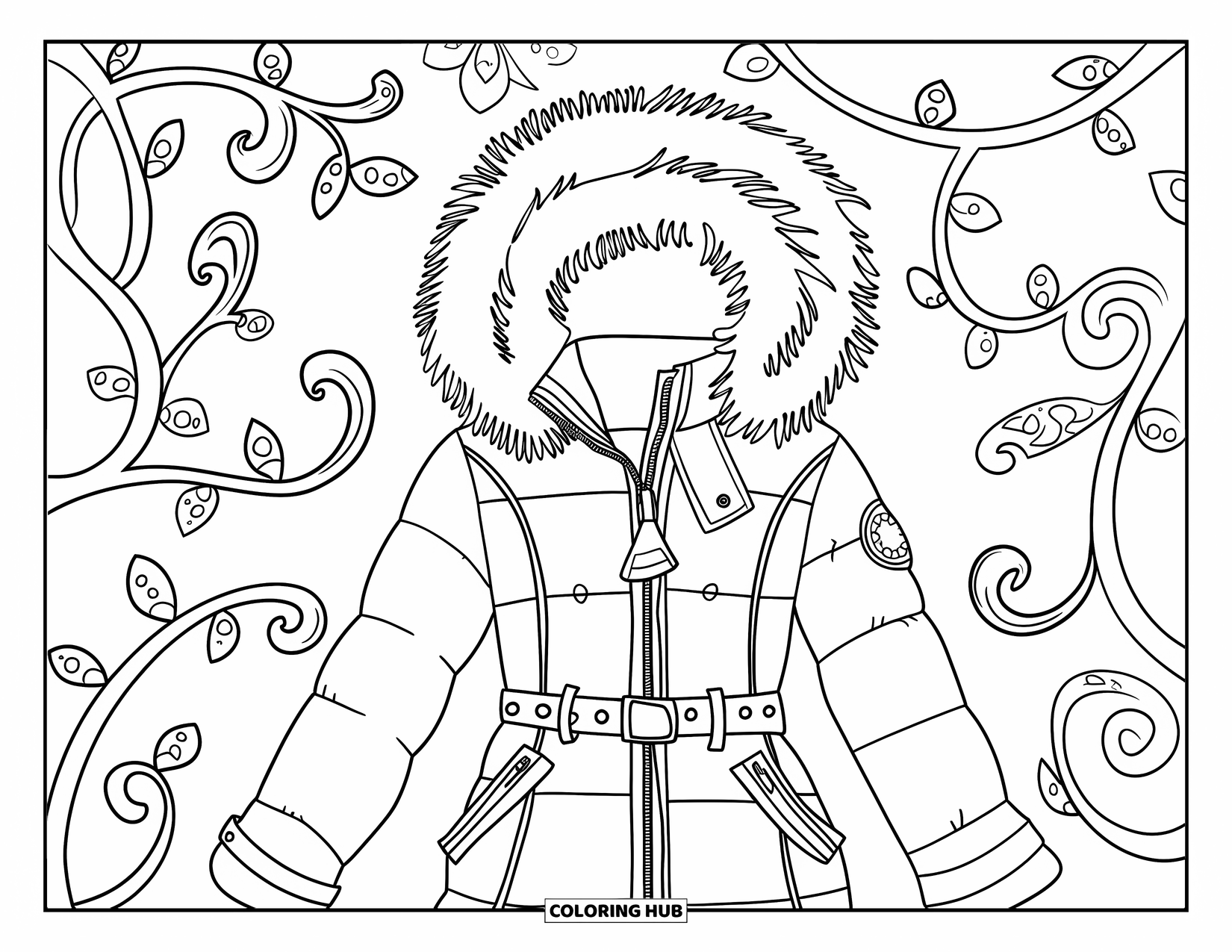 Winter Clothes Coloring Page for Adults: A fur-hooded parka is wrapped in swirling vines with a touch of winter charm