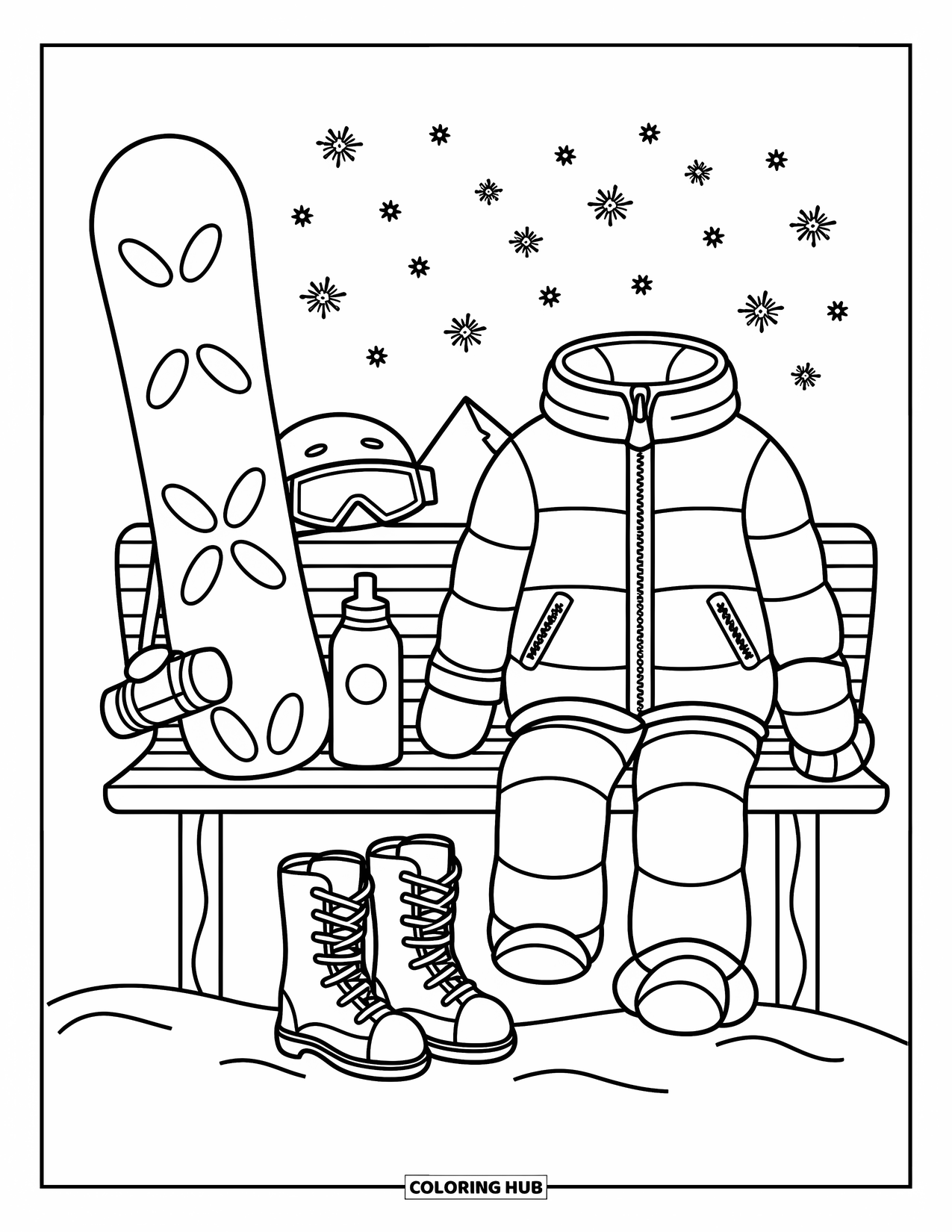 Winter Clothes Coloring Page for Adults: A jacket, helmet, and gloves with cocoa sit beside boots and a leaning snowboard