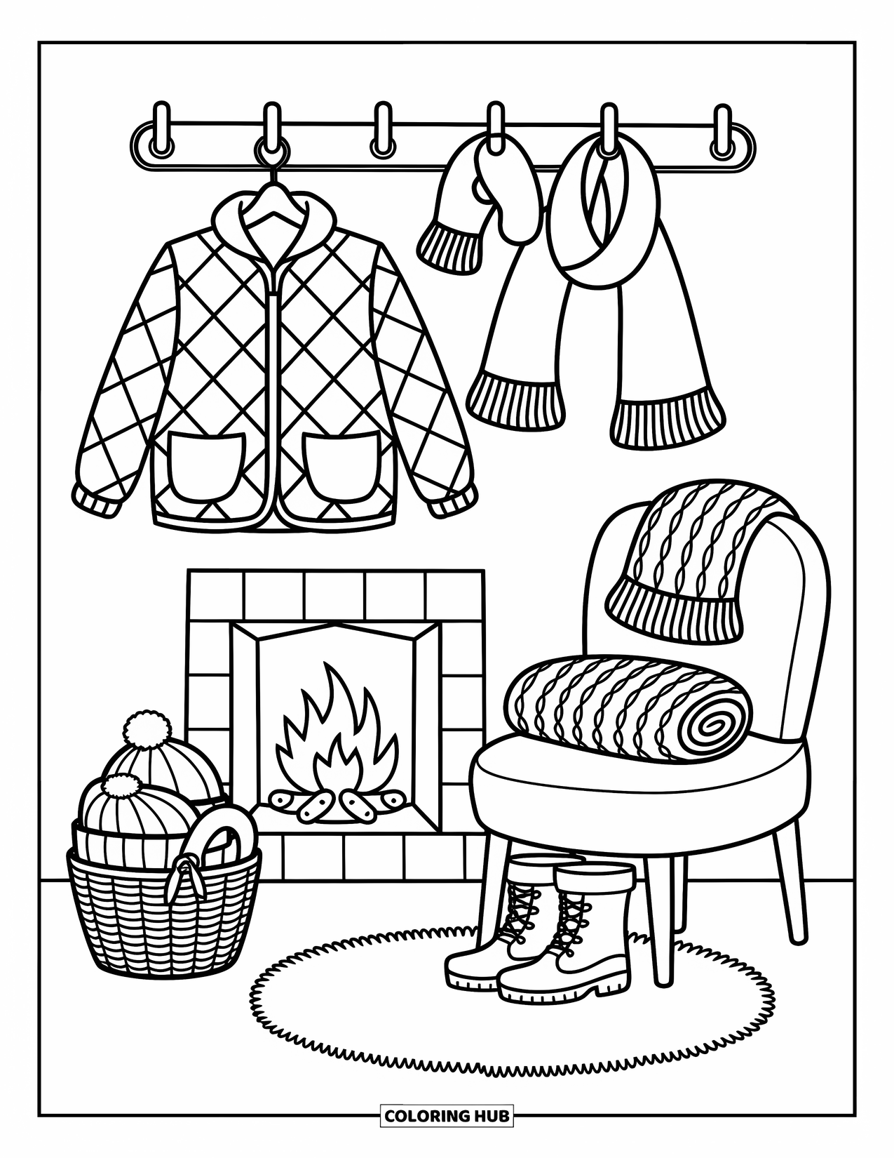Winter Clothes Coloring Page for Adults: A jacket with mittens, boots, and a warm rug cozies up near a crackling fire