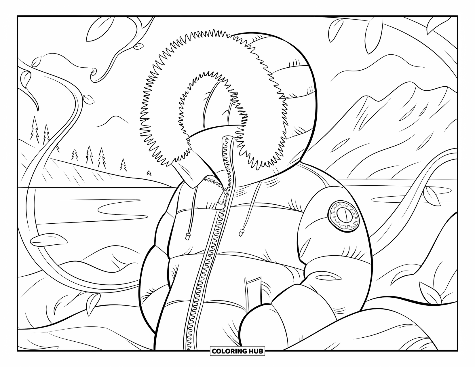 Winter Clothes Coloring Page for Adults: A parka with fur trim rests on rocky ground with vines and mountain scenery
