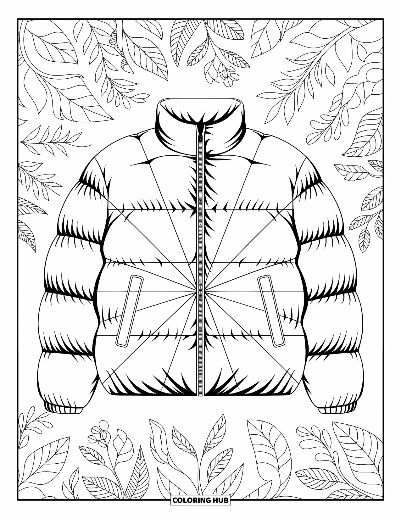 Winter Clothes Coloring Page for Adults: A puffer jacket is surrounded by flowers and vines in a circular design