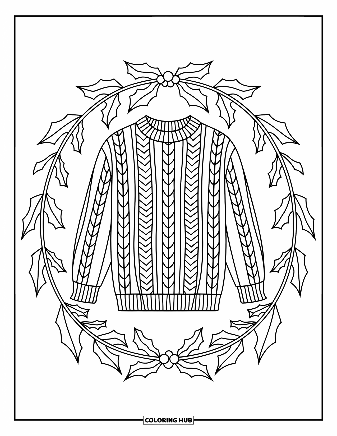 Winter Clothes Coloring Page for Adults: A warm sweater sits at the center of a holly mandala design