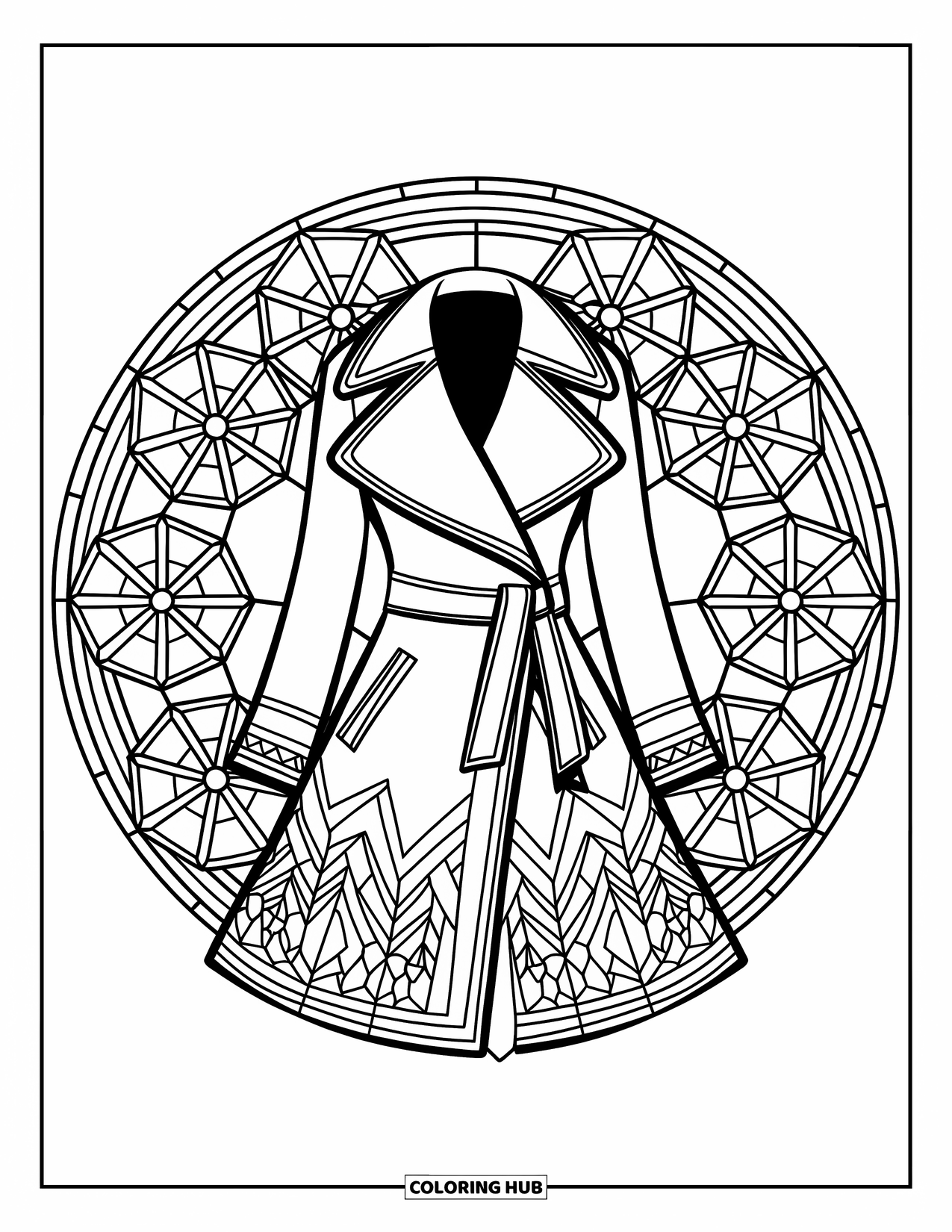 Winter Clothes Coloring Page for Adults: A wide-lapel coat sits at the center, framed by detailed snowflake designs