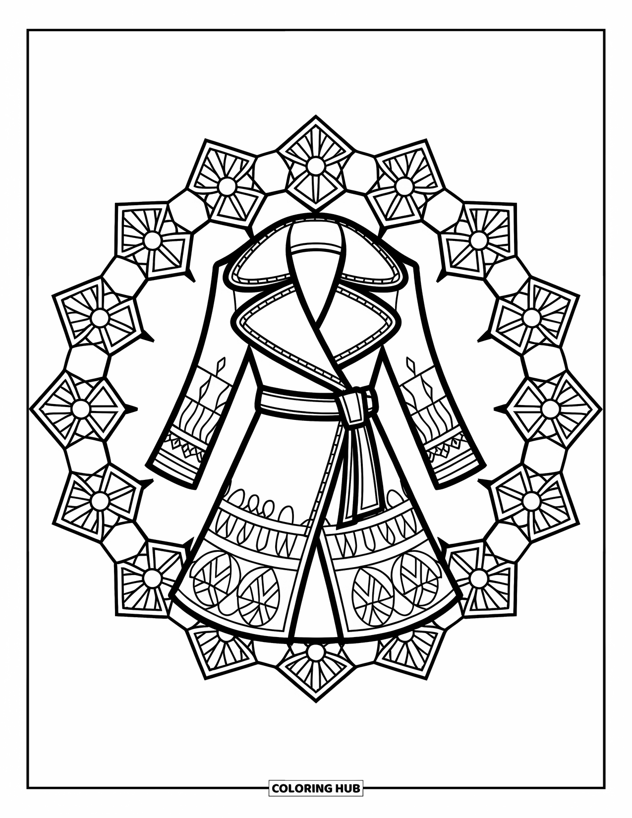 Winter Clothes Coloring Page for Adults: A wrap-style coat is surrounded by shining snowflake patterns like stained glass