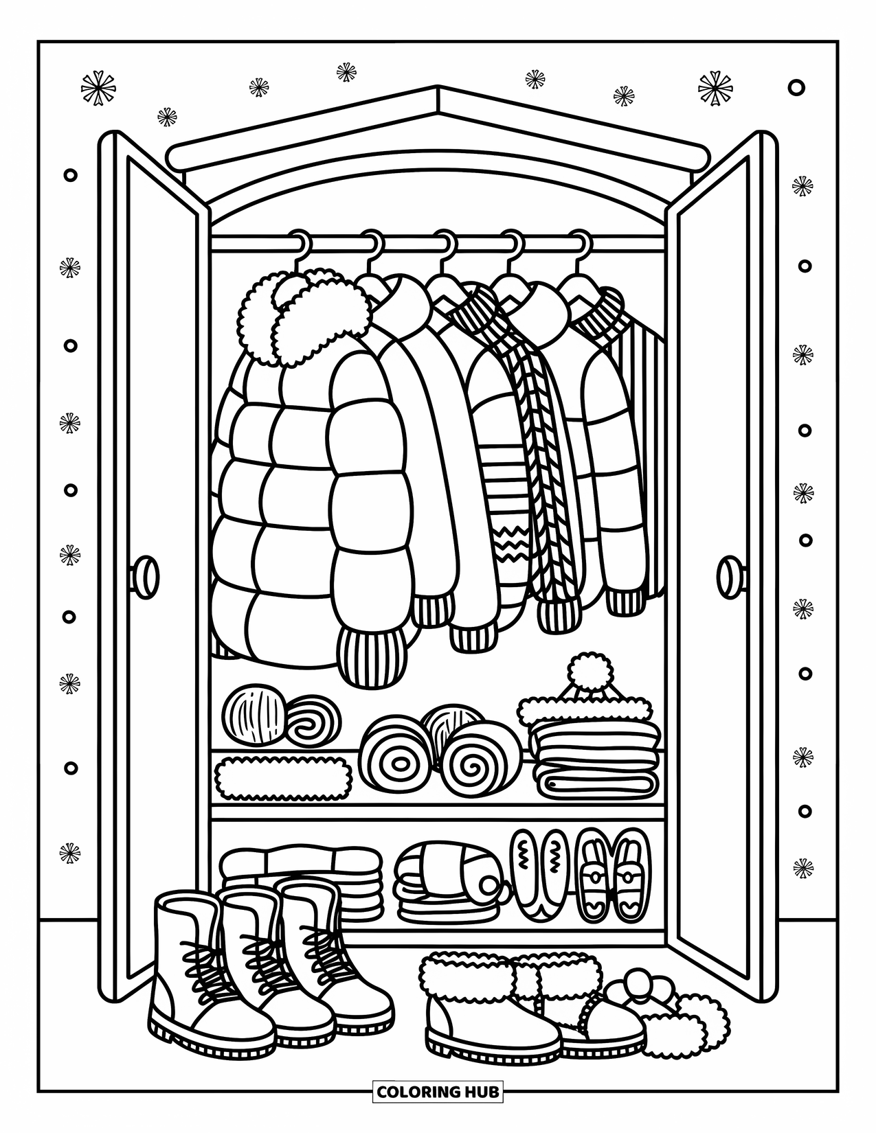 Winter Clothes Coloring Page for Adults: An open wardrobe overflows with winter wear, from fuzzy socks to puffy coats