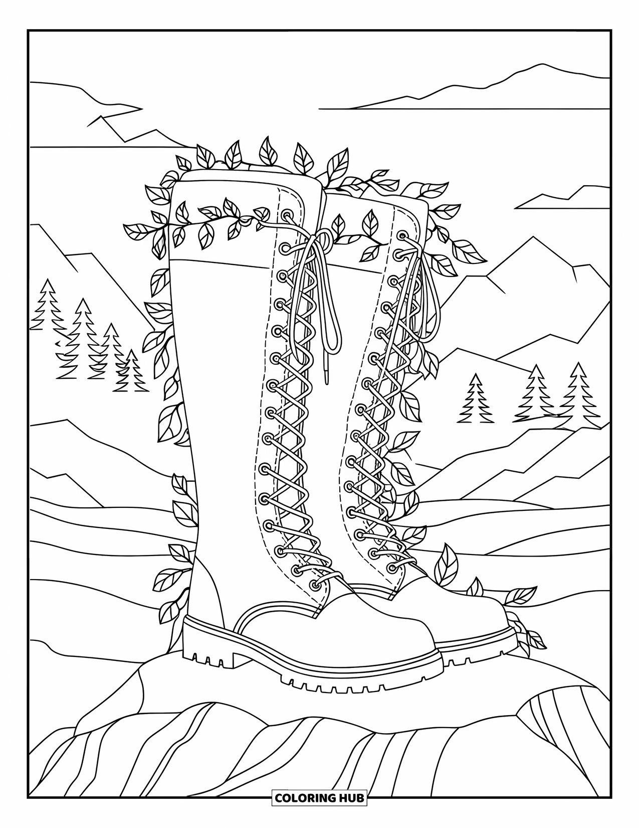 Winter Clothes Coloring Page for Adults: Boots rest on rocky ground, surrounded by vines and mountain scenery