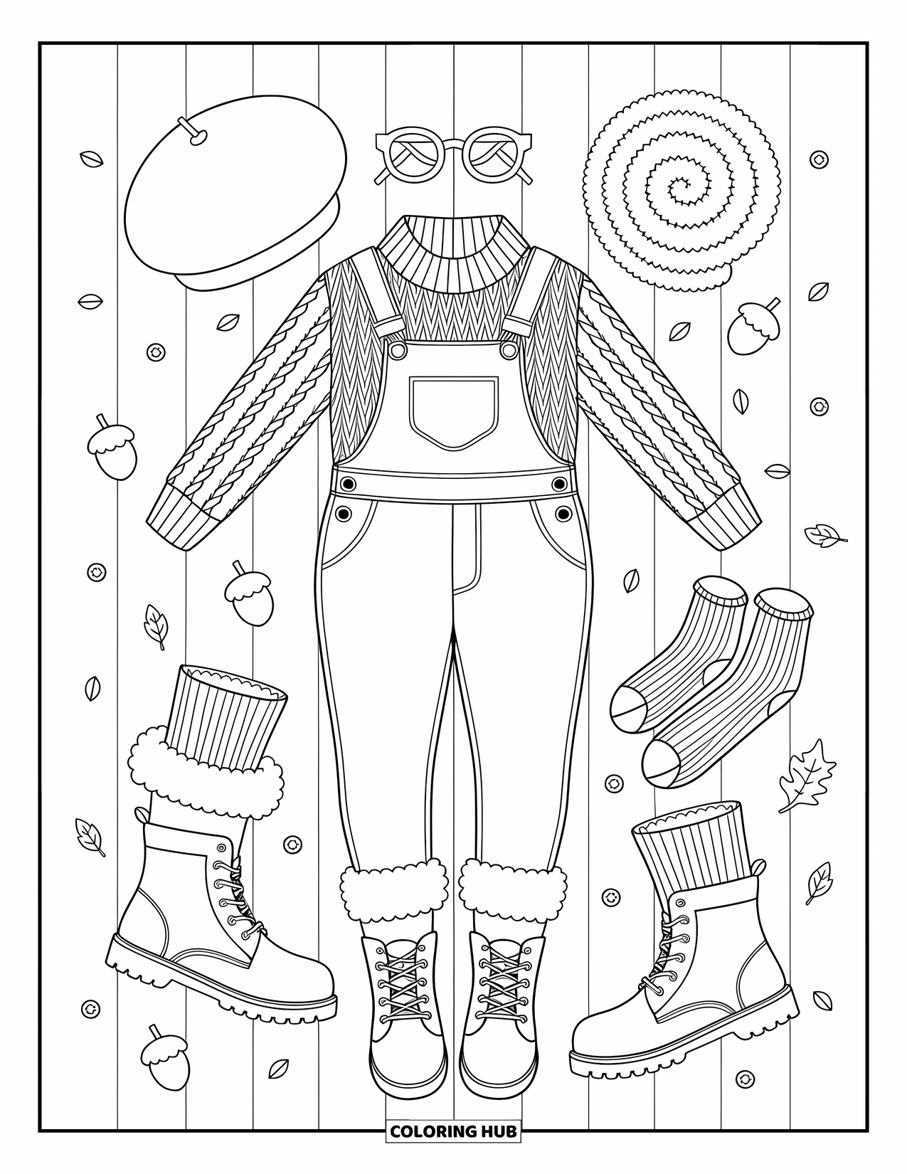 Winter Clothes Coloring Page for Adults: Clothes and cozy clutter like buttons and boots are spread across a wooden floor