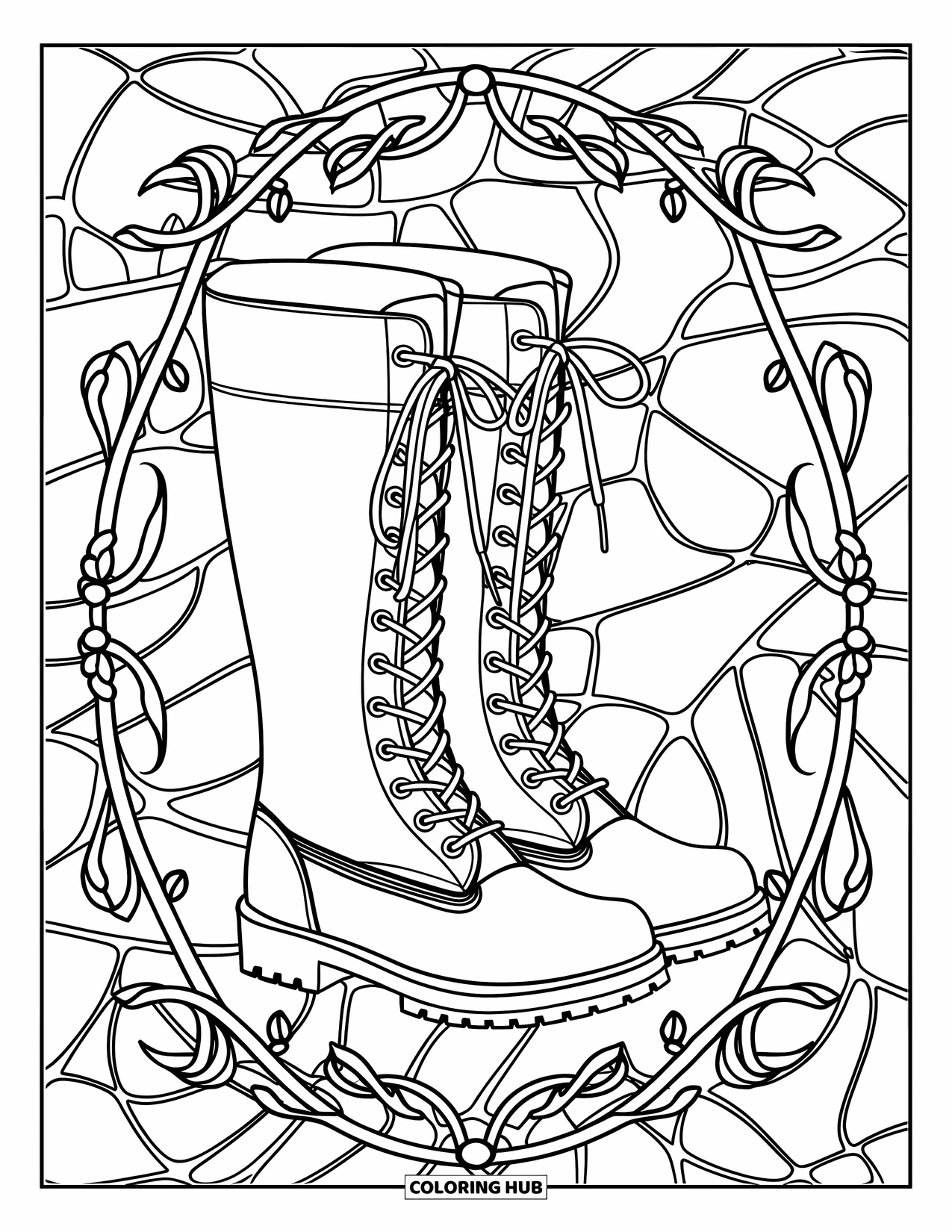 Winter Clothes Coloring Page for Adults: Lace-up boots stand tall, framed by intricate stained glass vines