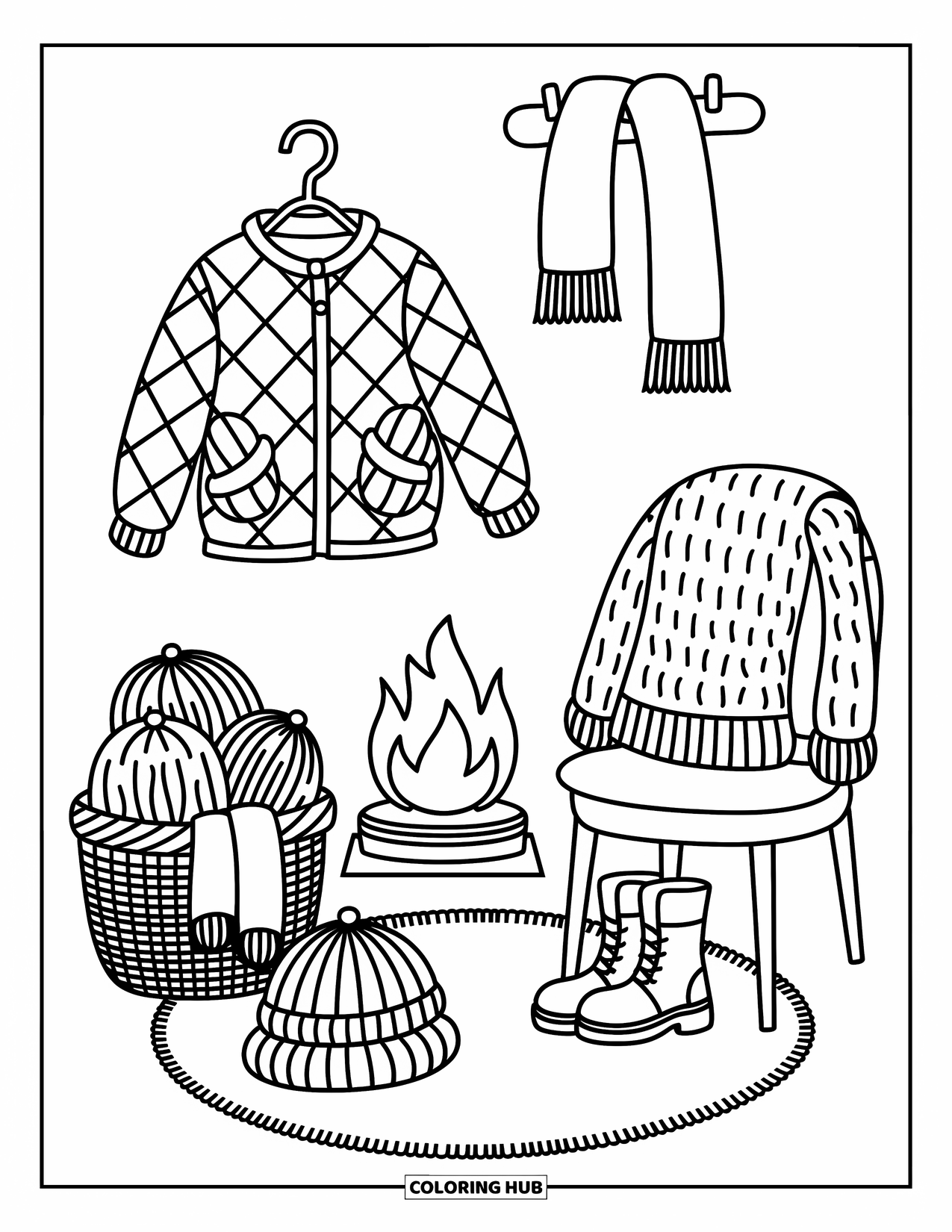 Winter Clothes Coloring Page for Adults: Mittens peek from a jacket pocket beside a fire and a soft knit blanket