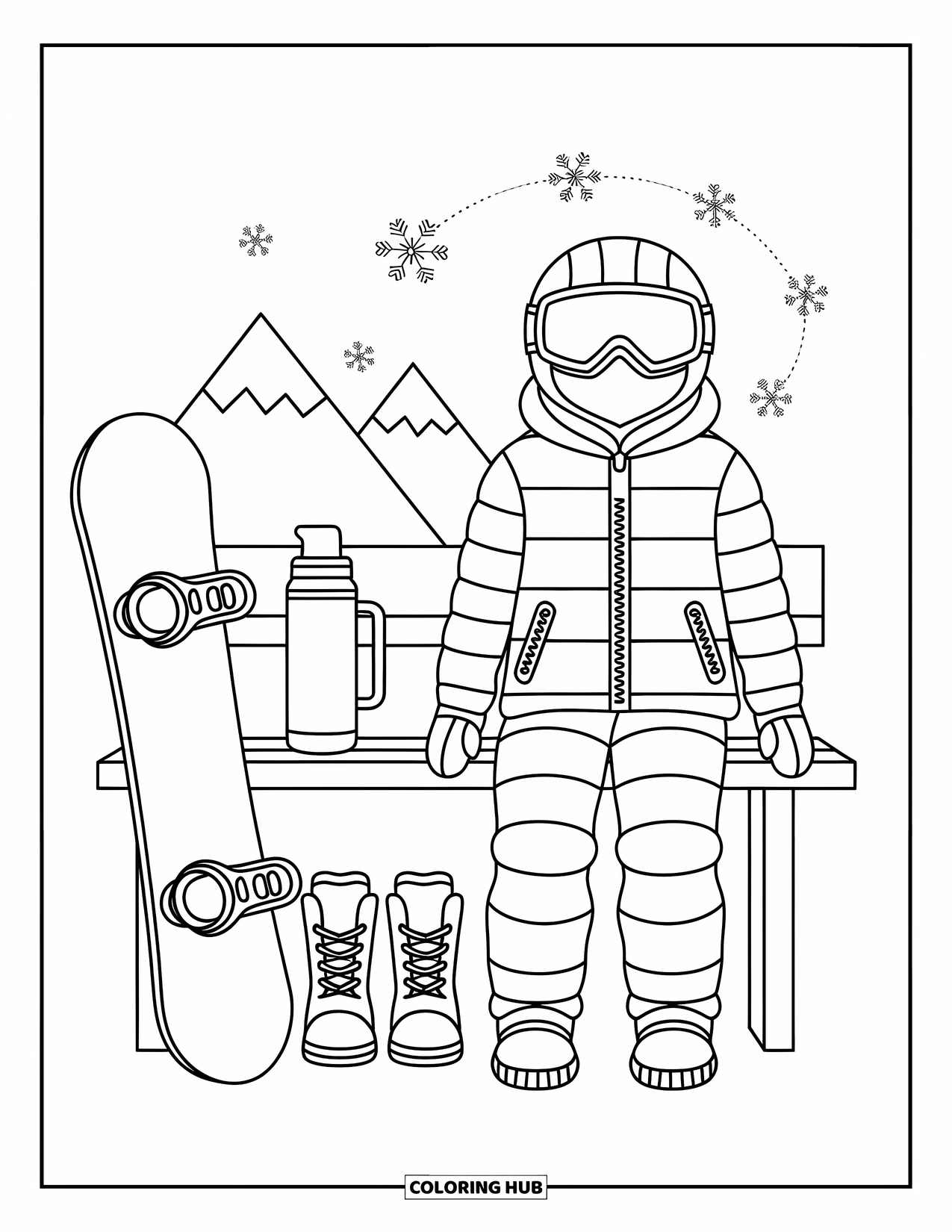 Winter Clothes Coloring Page for Adults: Snow gear is neatly laid out on a bench, with boots and a snowboard nearby