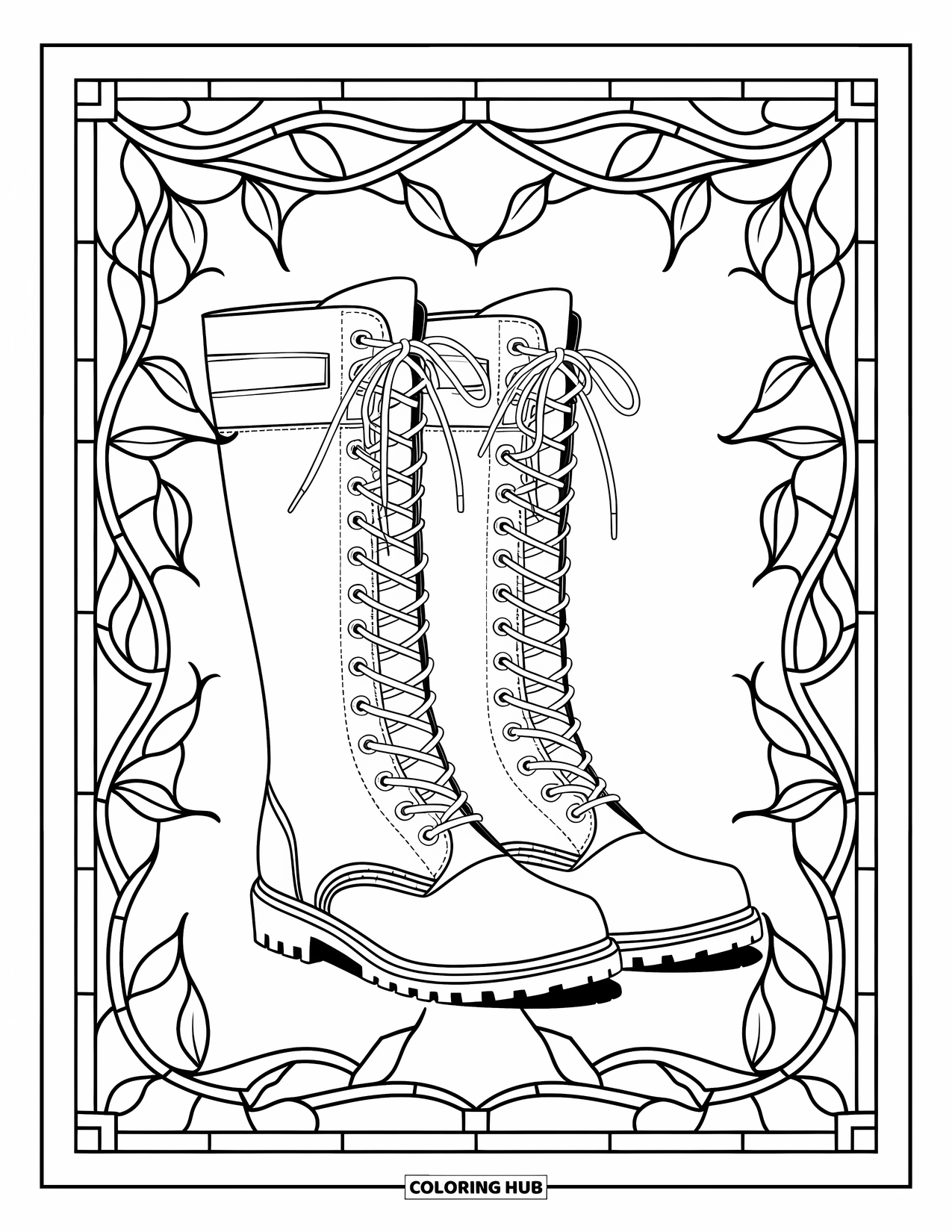 Winter Clothes Coloring Page for Adults: Tall lace-up boots are wrapped in stained glass vines on a white background