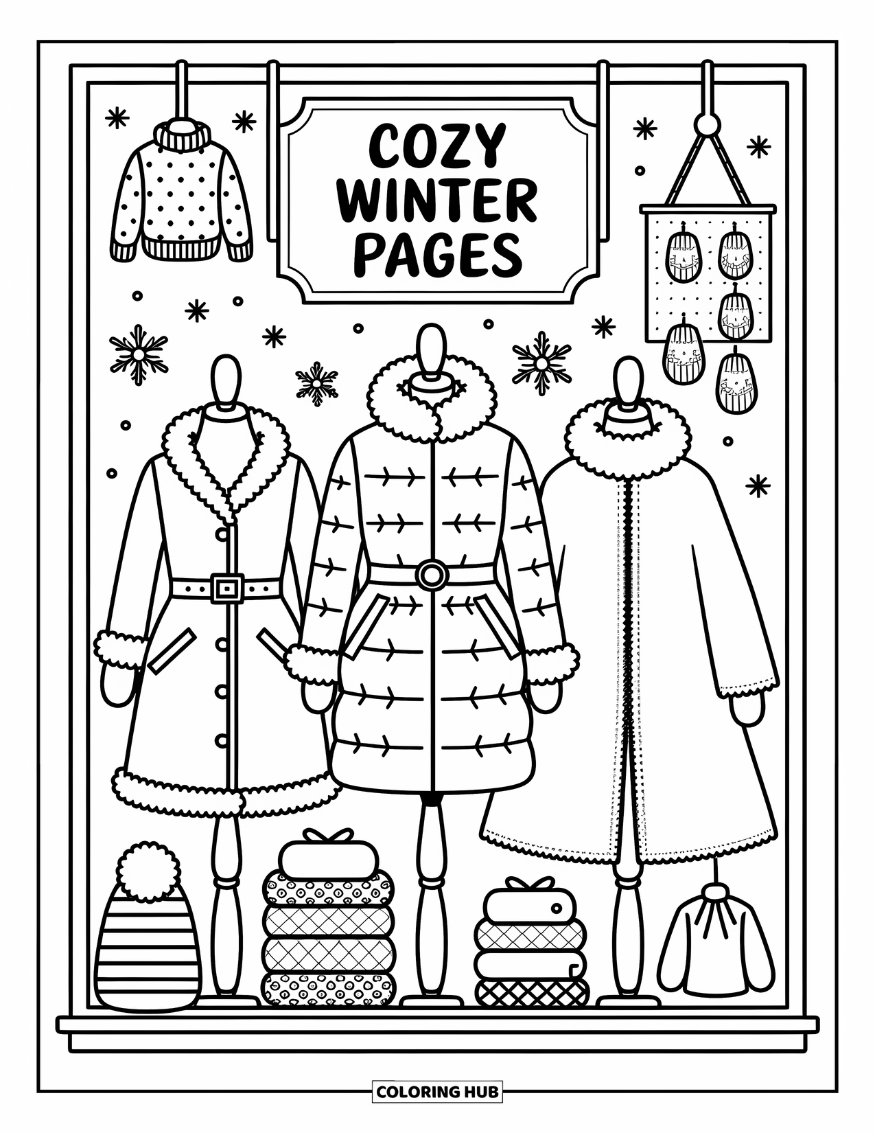 Winter Clothes Coloring Page for Adults: Three mannequins model winter outfits in a boutique window full of cozy touches