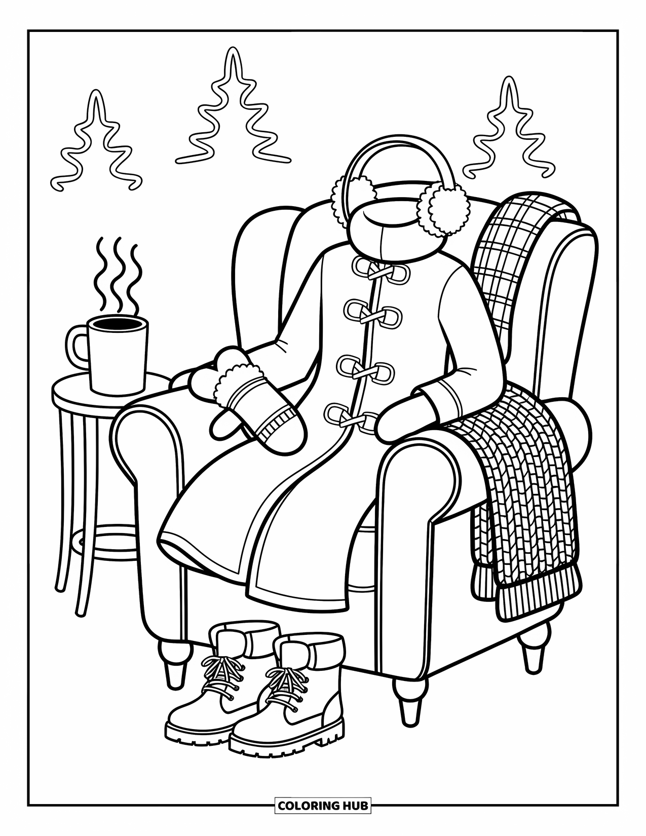 Winter Clothes Coloring Page for Adults: Warm winterwear sits on a comfy chair with cocoa and a knit blanket nearby