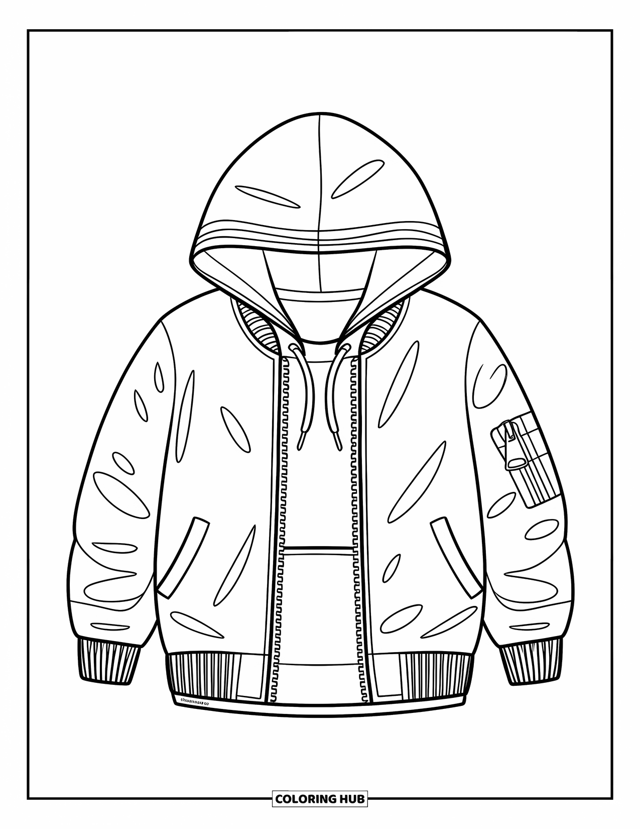 Winter Clothes Coloring Page for Kids: A bold jacket layered over a hoodie with a kangaroo pocket
