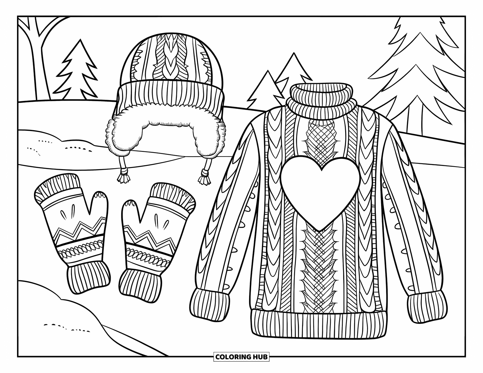 Winter Clothes Coloring Page for Kids: A cable-knit sweater with gloves and a trapper hat in a snowy setting