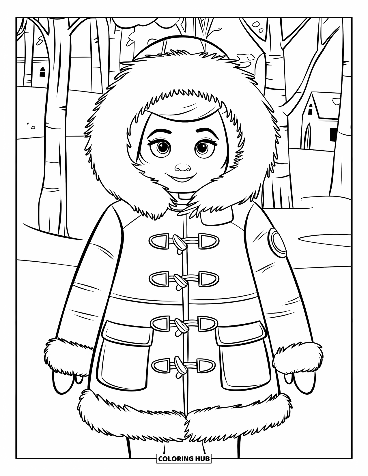 Winter Clothes Coloring Page for Kids: A character in a furry parka stands among snowy trees and buildings
