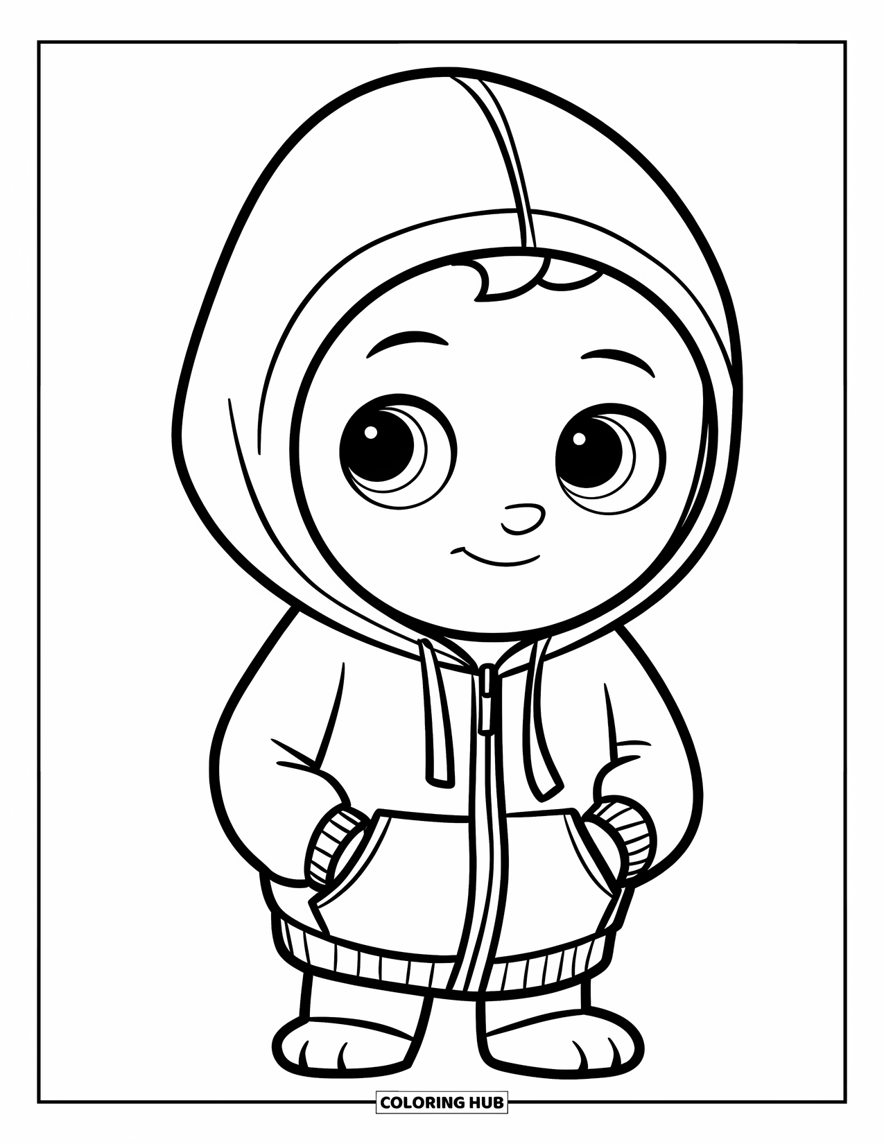 Winter Clothes Coloring Page for Kids: A cheerful character stands in a plain hoodie with soft details