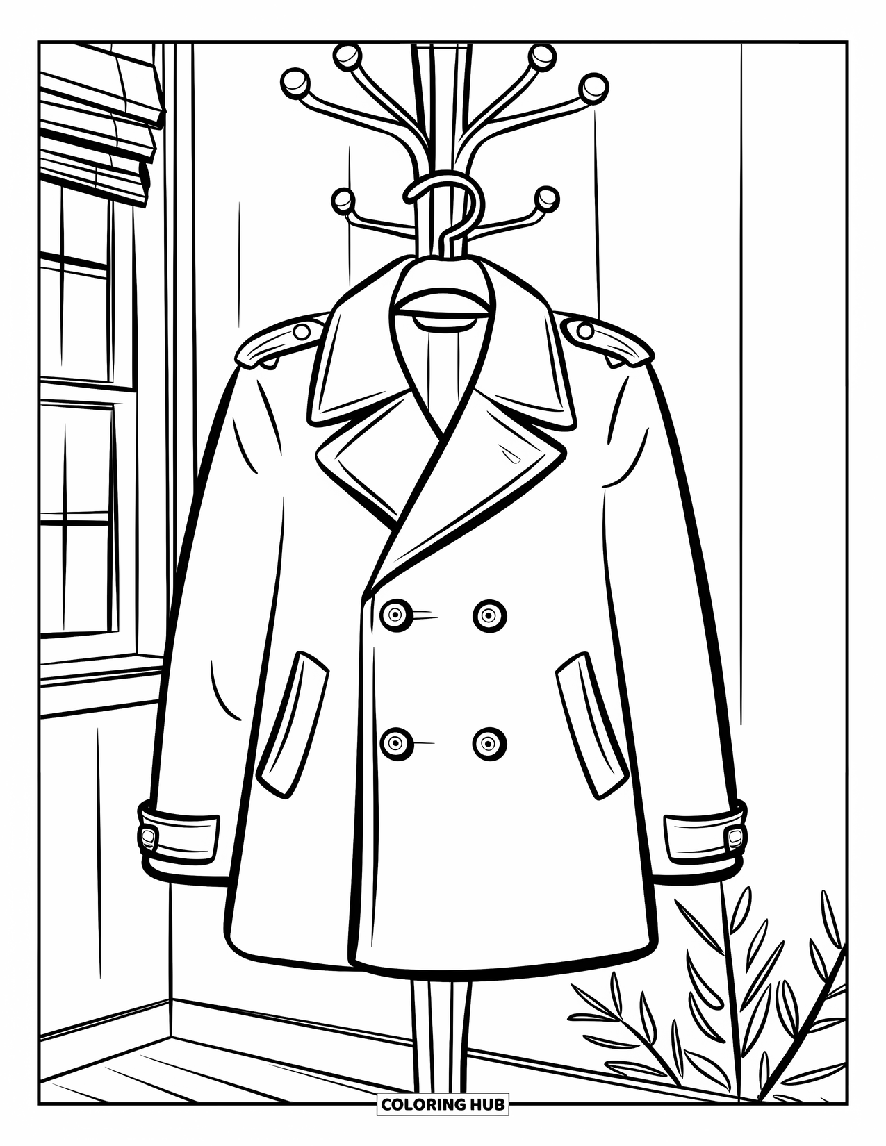 Winter Clothes Coloring Page for Kids: A cozy room scene with a coat rack holding a double-breasted pea coat