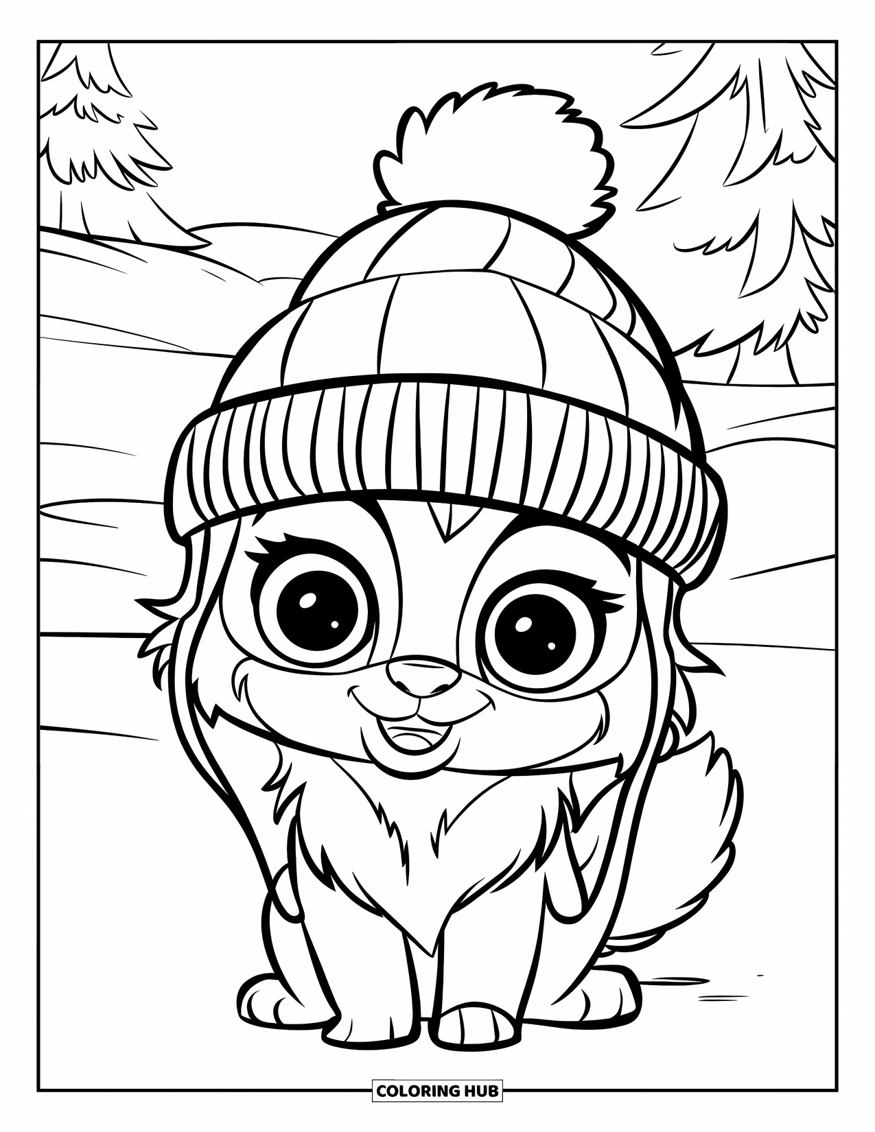 Winter Clothes Coloring Page for Kids: A cute animal in a wool hat sits in the snowy woods