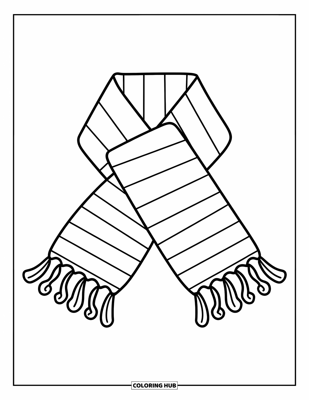 Winter Clothes Coloring Page for Kids: A folded scarf with stripes and curved fringe rests on a white background