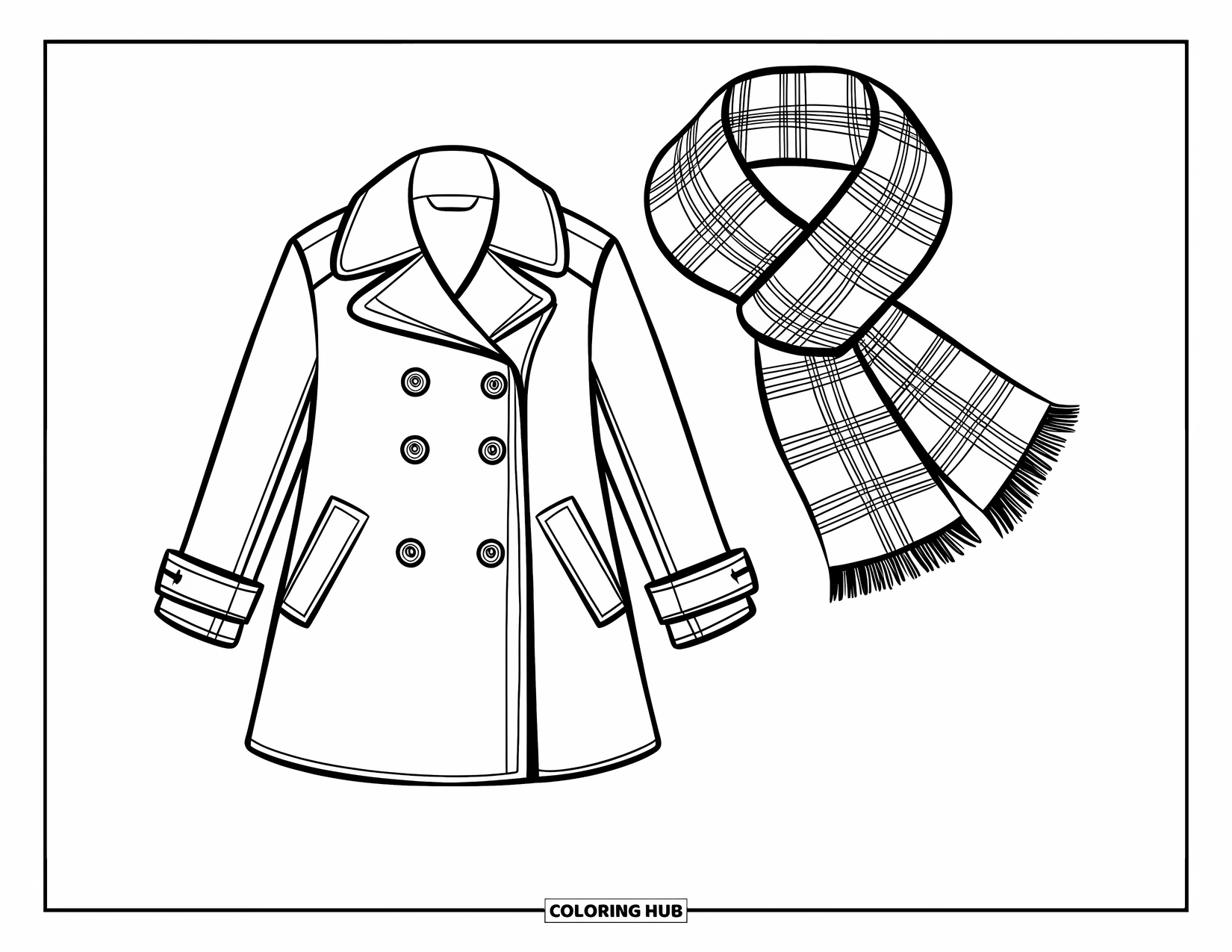 Winter Clothes Coloring Page for Kids: A fun winter outfit with coat, scarf, and boots perfect for kids