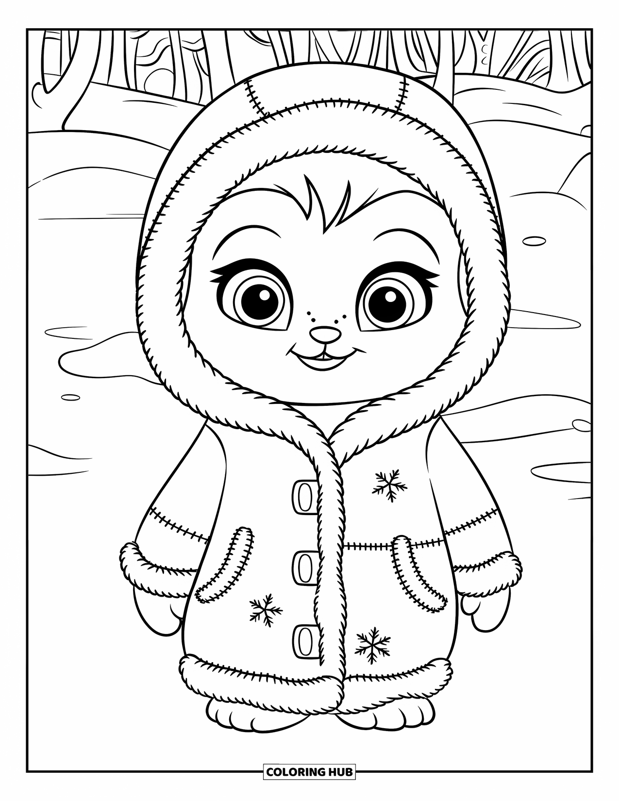 Winter Clothes Coloring Page for Kids: A furry-eared character wears a warm snowflake jacket in snowy scenery