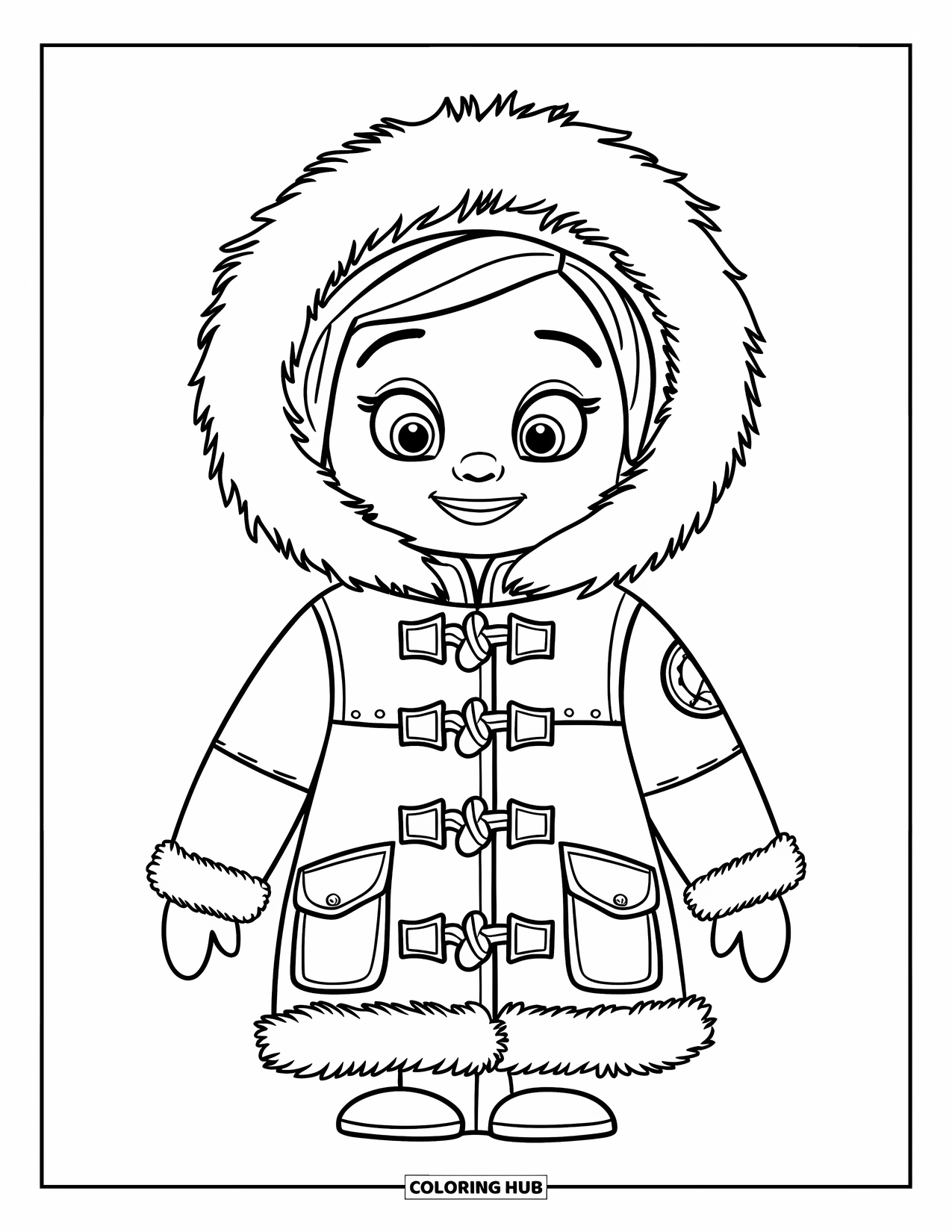 Winter Clothes Coloring Page for Kids: A grinning face peeks from a cozy parka with toggle buttons