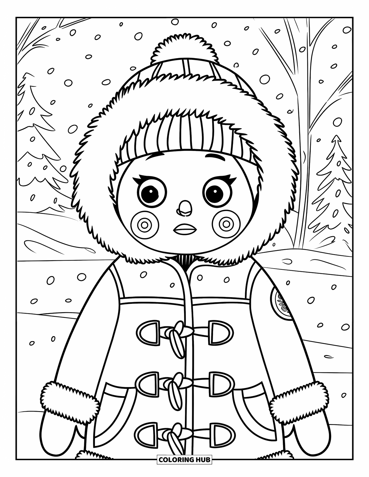 Winter Clothes Coloring Page for Kids: A happy character in a winter parka smiles in a snowy setting