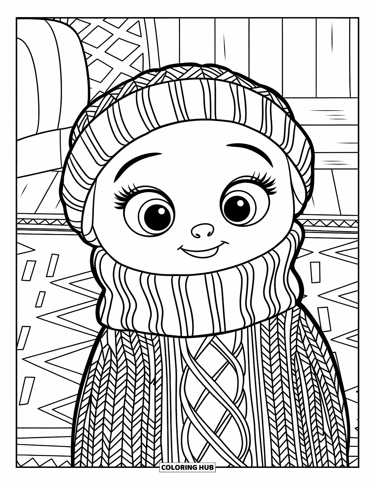 Winter Clothes Coloring Page for Kids: A happy character wears a cozy sweater in a warm, inviting room