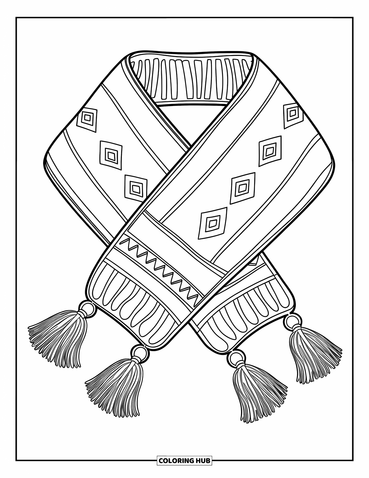 Winter Clothes Coloring Page for Kids: A heart-shaped scarf with diamonds and fringe lies on a clean background
