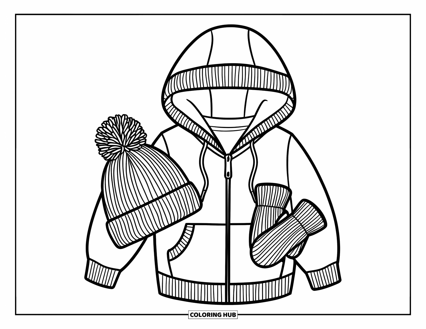 Winter Clothes Coloring Page for Kids: A hoodie, pom-pom beanie, and mittens are laid out with soft textures