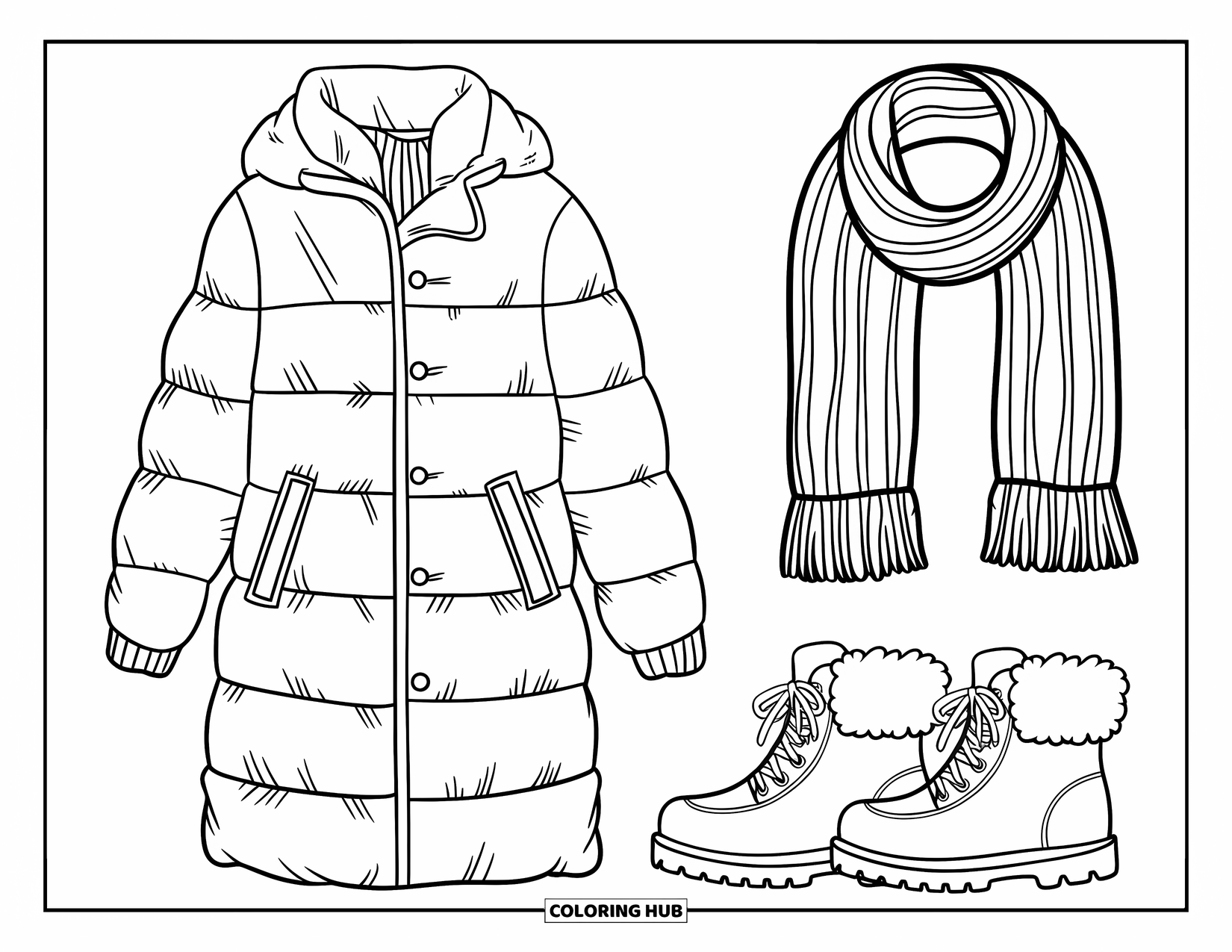 Winter Clothes Coloring Page for Kids: A long coat, scarf, and boots shown in a neat winter lineup