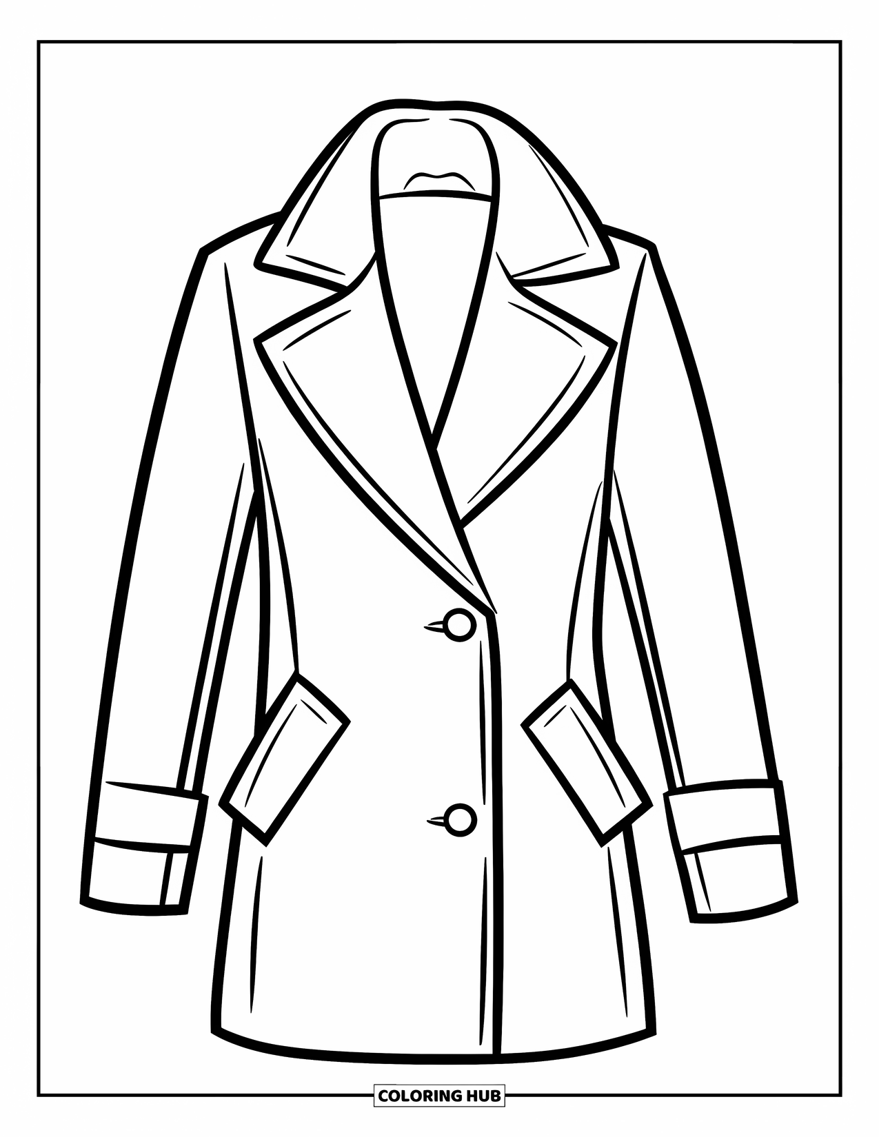 Winter Clothes Coloring Page for Kids: A longline coat with crisp seams and a sharp collar sits on a mannequin