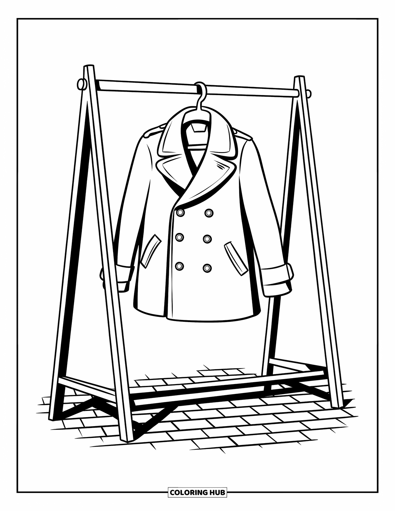 Winter Clothes Coloring Page for Kids: A neat pea coat and rack cast soft shadows on a cobblestone path