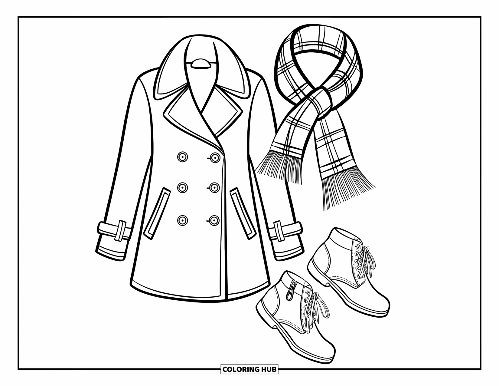 Winter Clothes Coloring Page for Kids: A pea coat, plaid scarf, and ankle boots create a cozy winter look