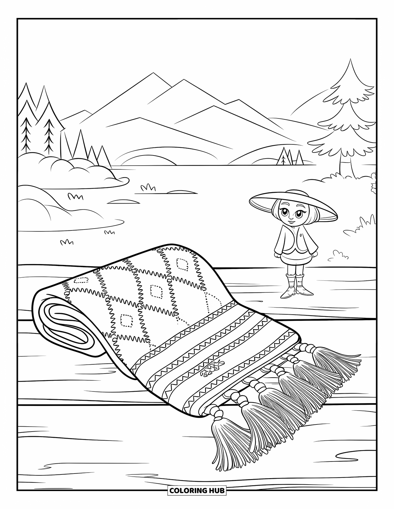 Winter Clothes Coloring Page for Kids: A peaceful landscape surrounds a scarf and a curious character in a hat