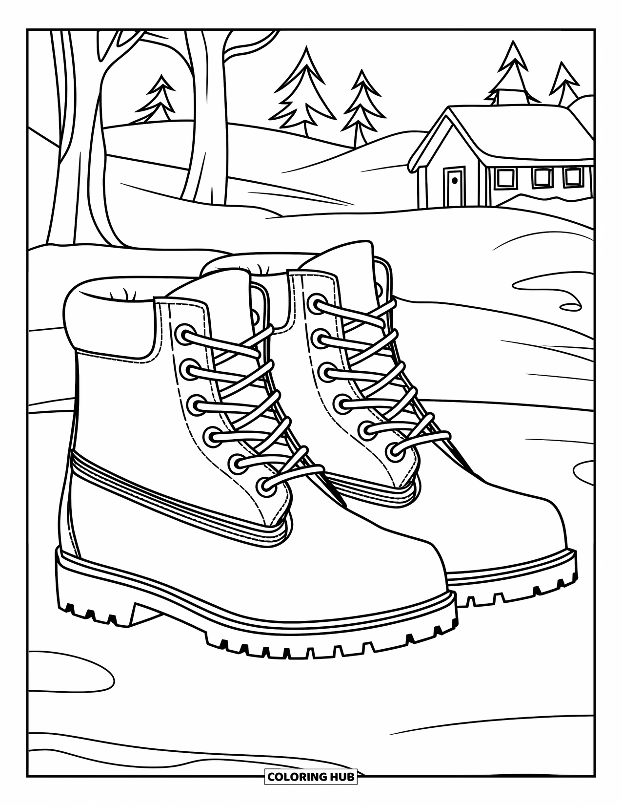 Winter Clothes Coloring Page for Kids: A peaceful winter scene with simple boots and a distant cabin