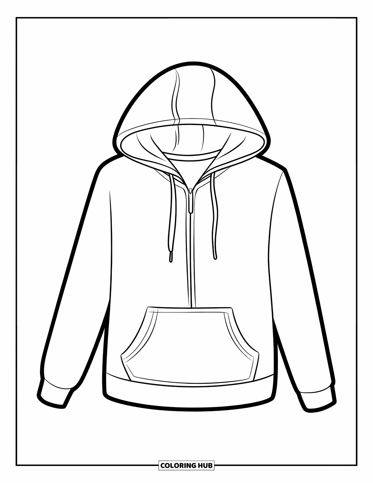 Winter Clothes Coloring Page for Kids: A plain hoodie with zipper and pocket hangs on a simple hanger